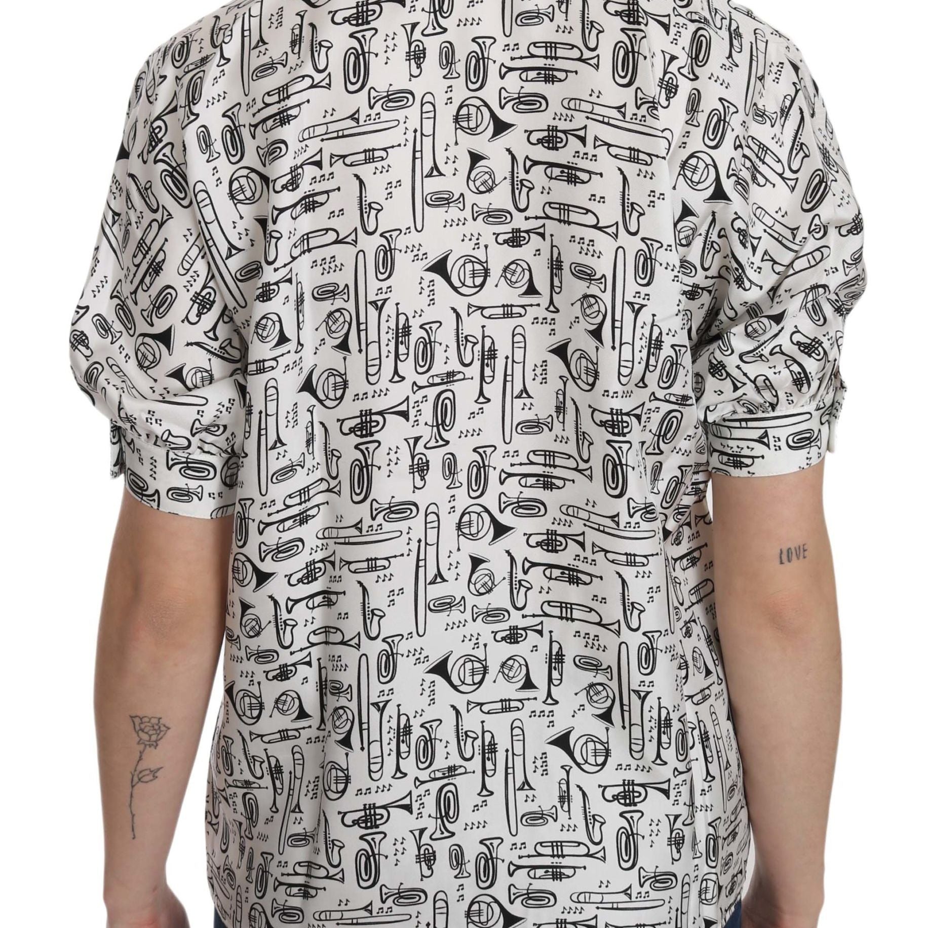 Dolce & Gabbana White Musical Instrument Collared Blouse  Shirt