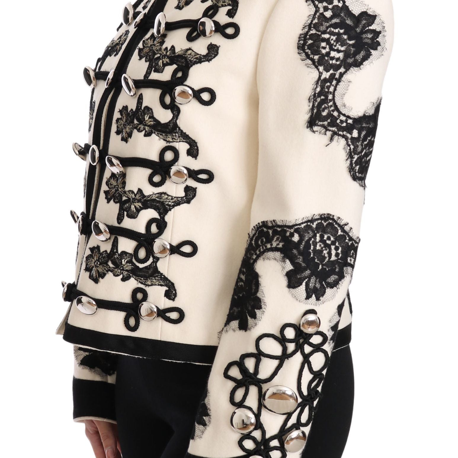 Dolce & Gabbana White Wool Black Floral Baroque Jacket