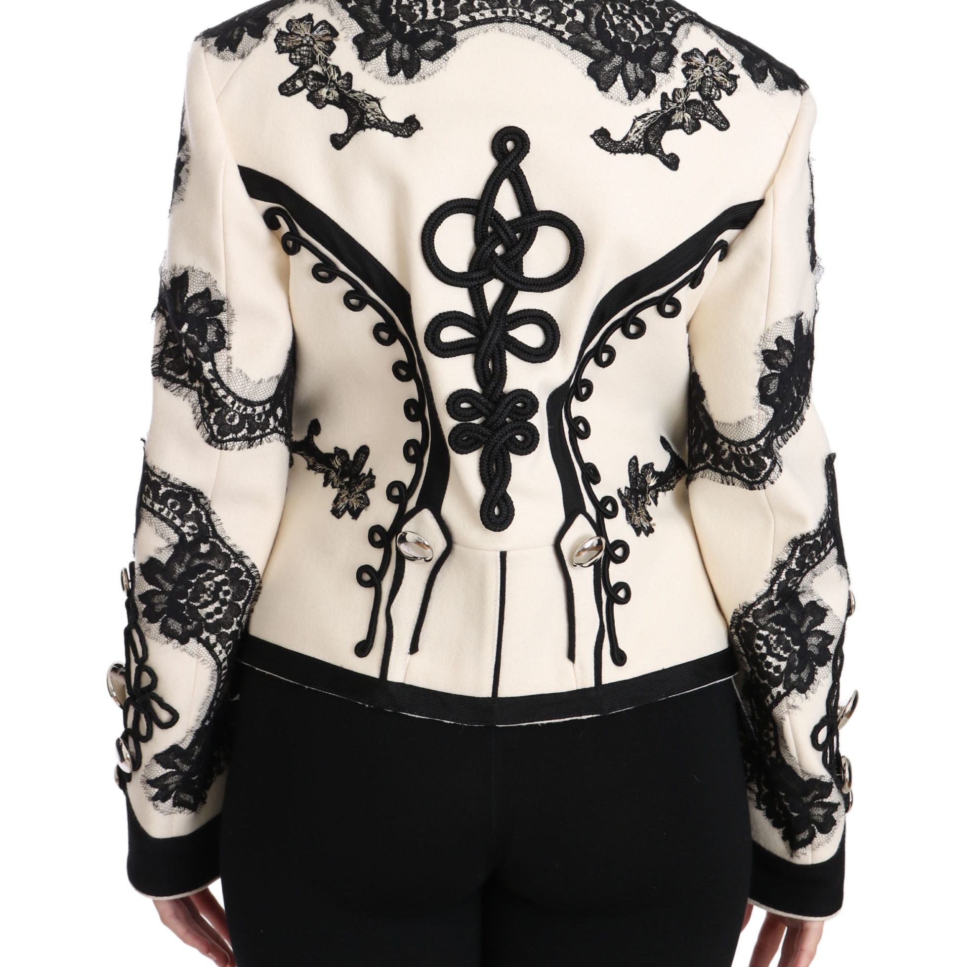 Dolce & Gabbana White Wool Black Floral Baroque Jacket