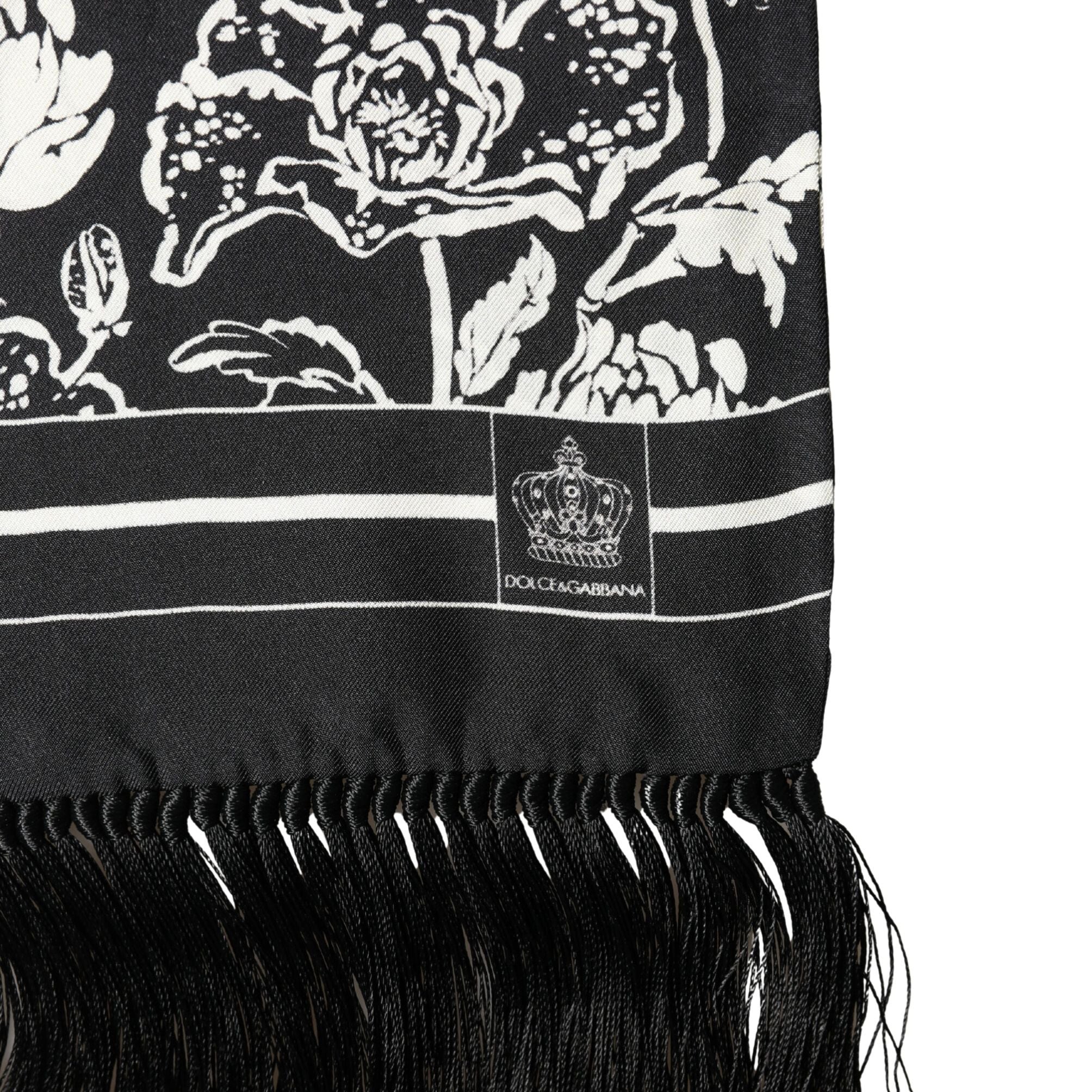 Dolce & Gabbana Black White Silk Floral Print Fringe 136cm X 15.5cm  Scarf