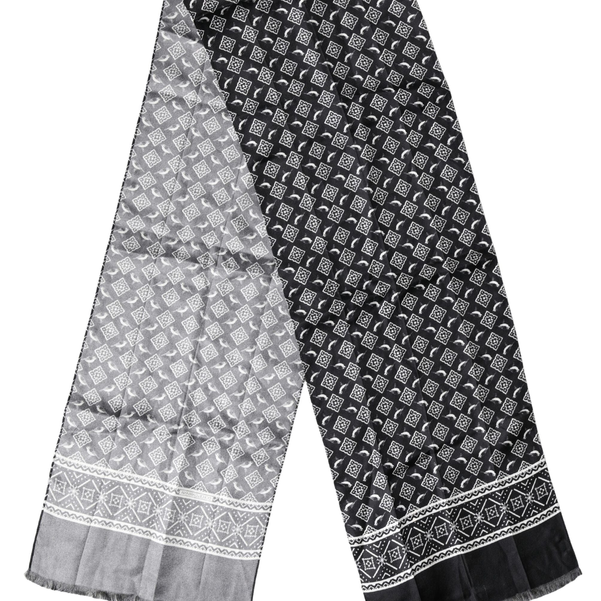Dolce & Gabbana Black Gray Silk Bird Fringe Wrap Foulard 140cm X 23cm Scarf
