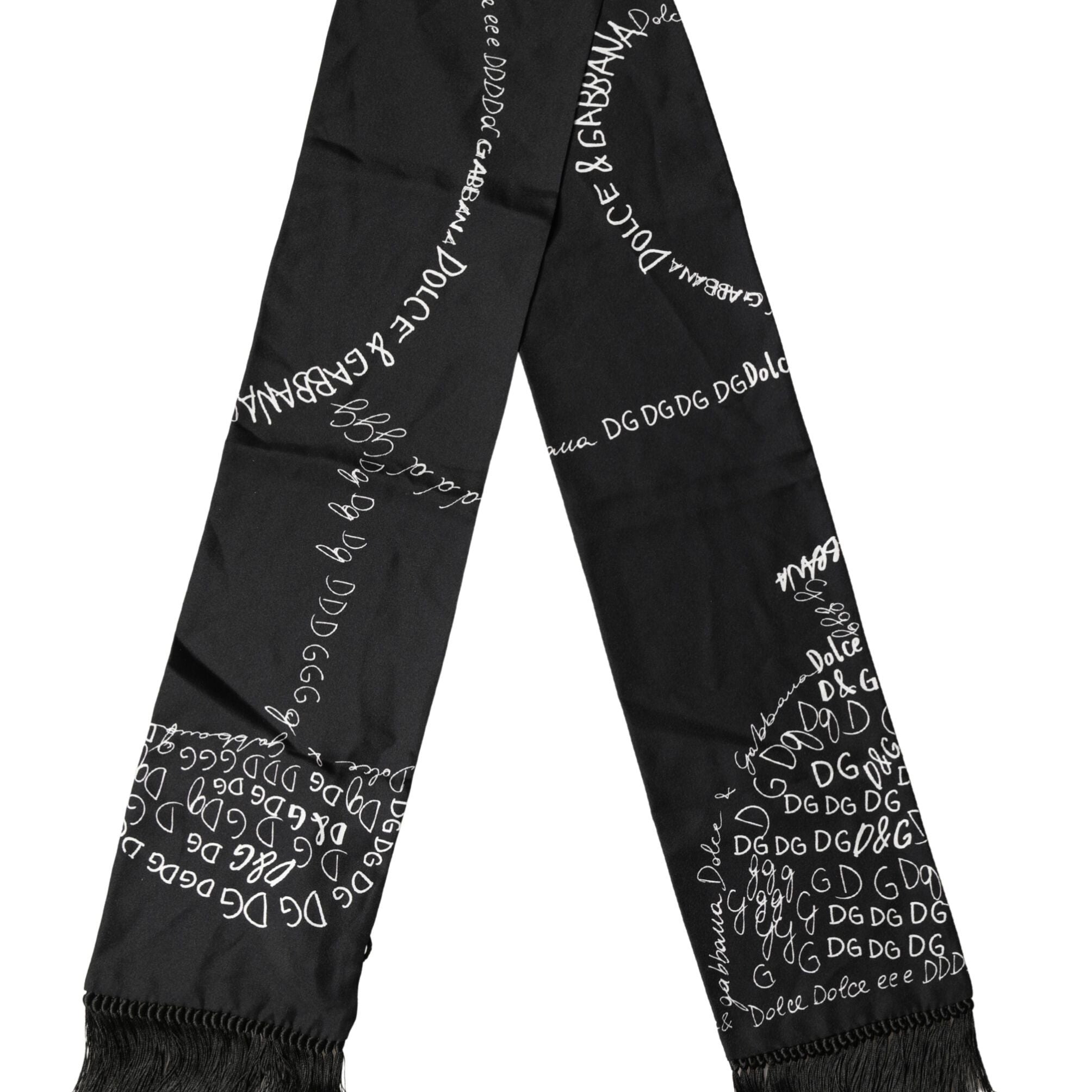 Dolce & Gabbana Black Logo Script Print Sik Foulard 137.5cm X 15cm Scarf