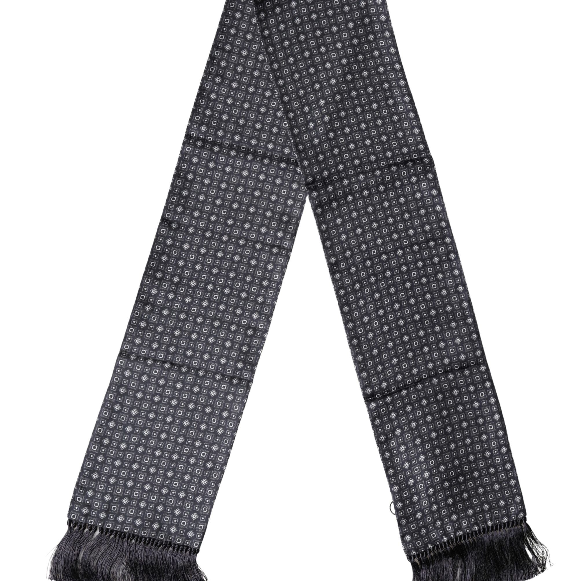 Dolce & Gabbana Black Silk Geometric Fringe Wrap Foulard 136cm X 15cm  Scarf