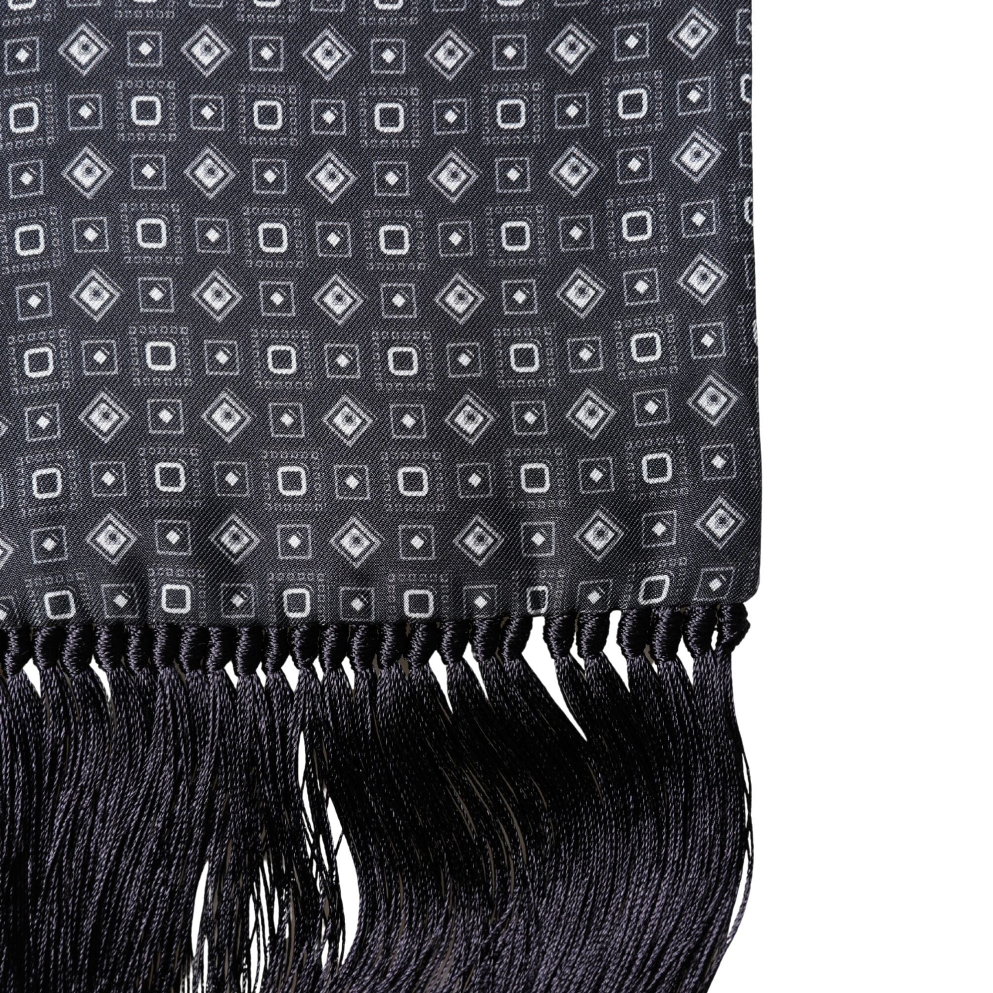 Dolce & Gabbana Black Silk Geometric Fringe Wrap Foulard 136cm X 15cm  Scarf