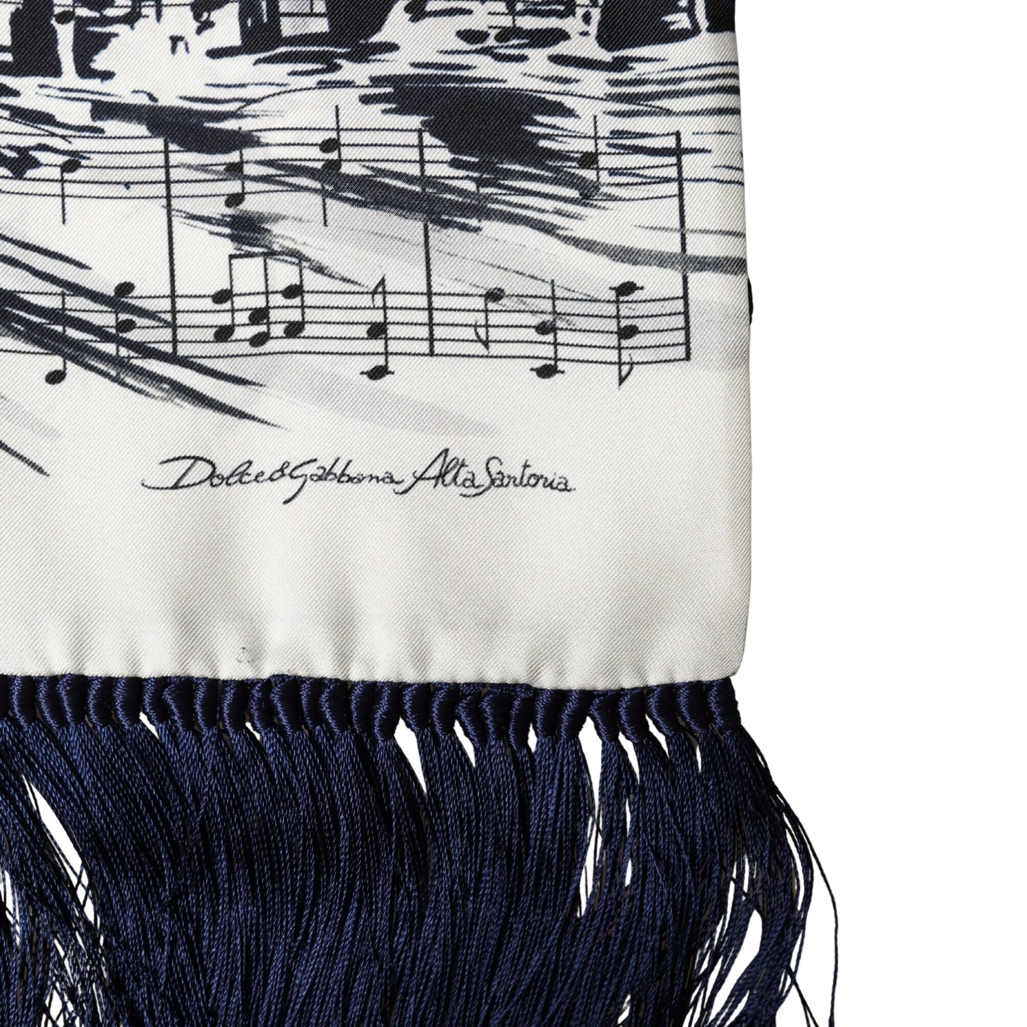 Dolce & Gabbana White Black Music City Print Silk Fringe 141cm X 15cm Scarf