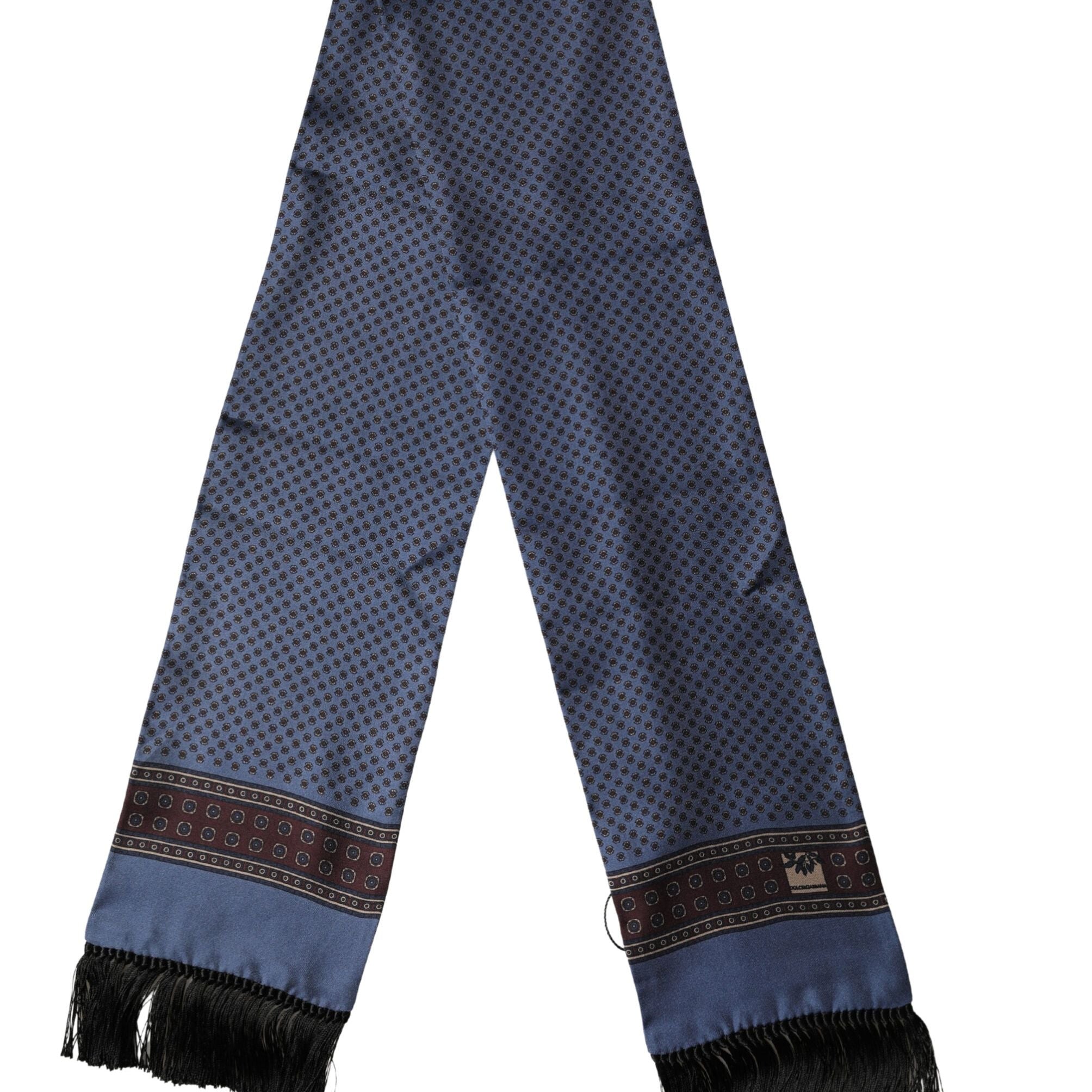 Dolce & Gabbana Blue Silk Geometric Fringe Foulard Wrap 131.5x15.5cm Scarf