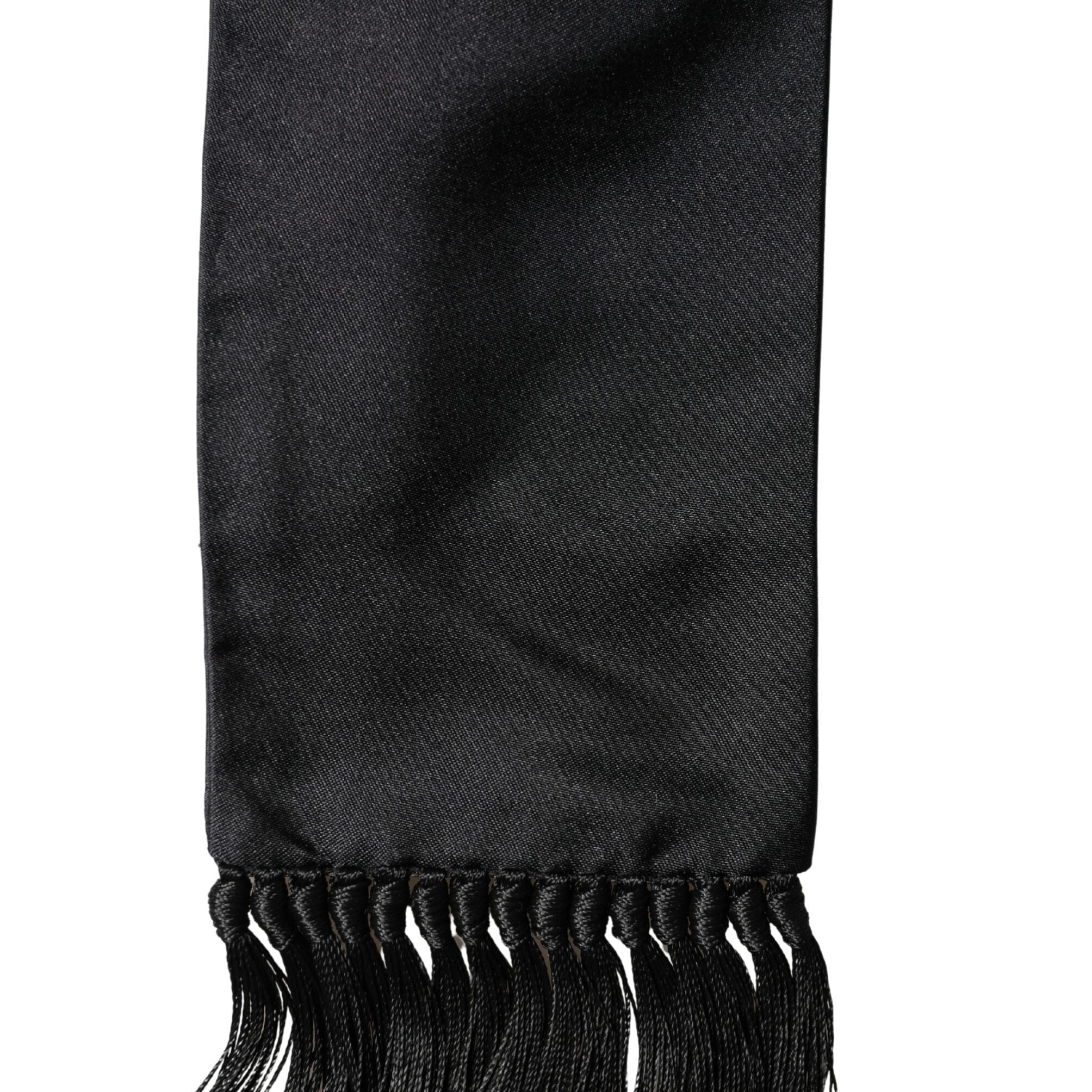 Dolce & Gabbana Black Silk Fringe Neck Wrap Foulard 160.5cm x 8cm  Scarf