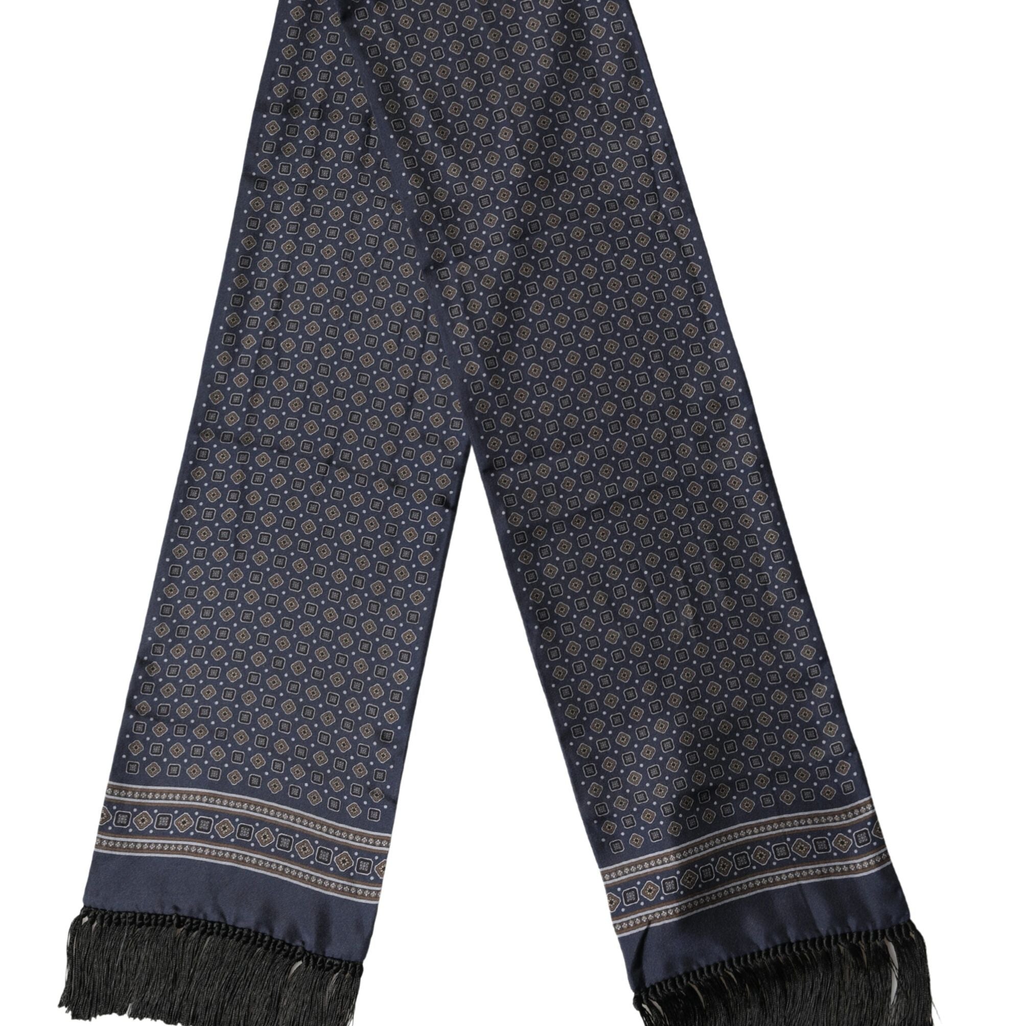 Dolce & Gabbana Navy Silk Geometric Fringe Foulard 137cm x 18cm Scarf