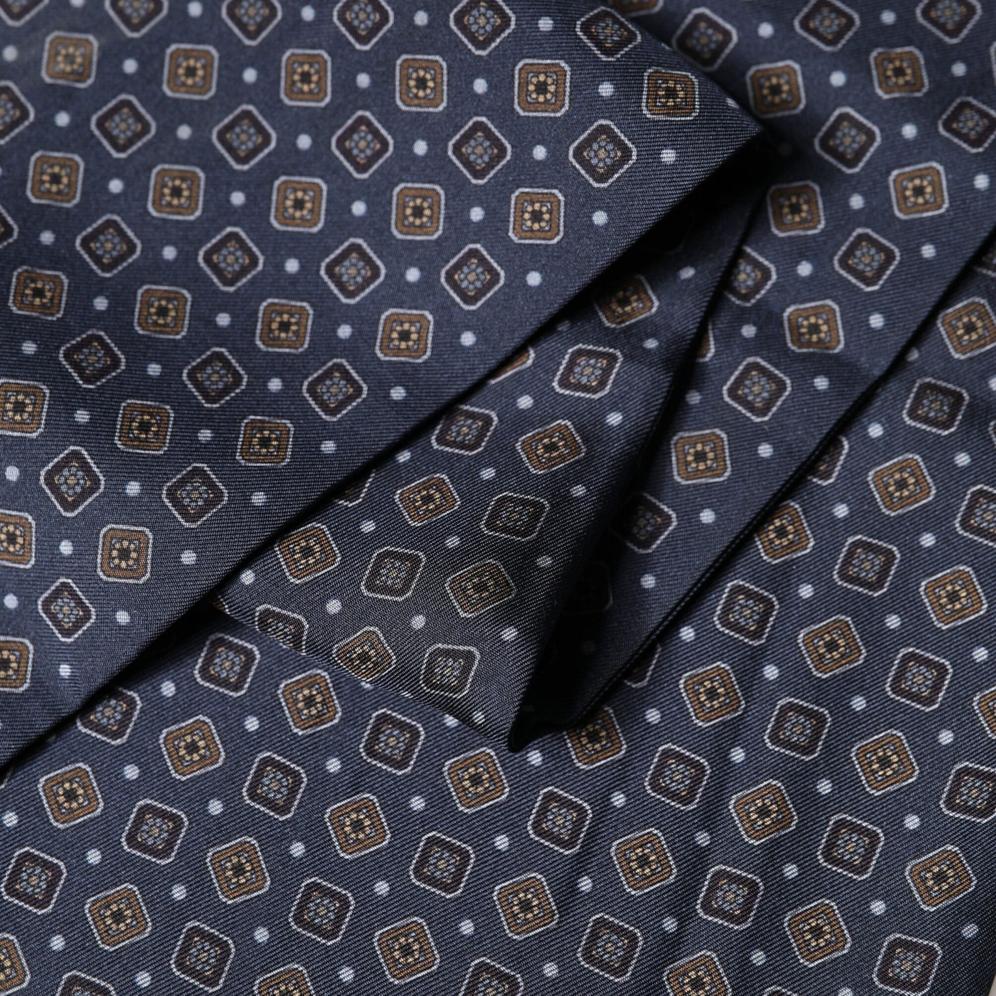 Dolce & Gabbana Navy Silk Geometric Fringe Foulard 137cm x 18cm Scarf