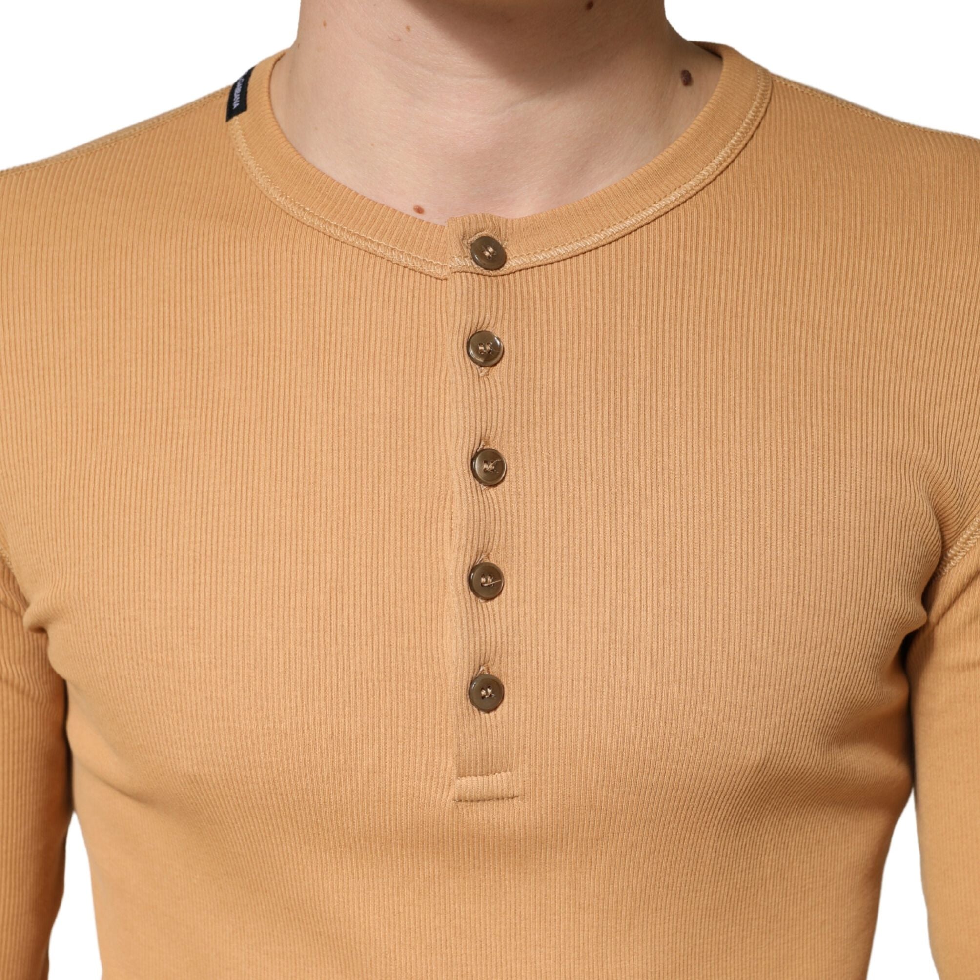 Dolce & Gabbana Camel Ribbed Cotton Long Sleeve Henley Sweater