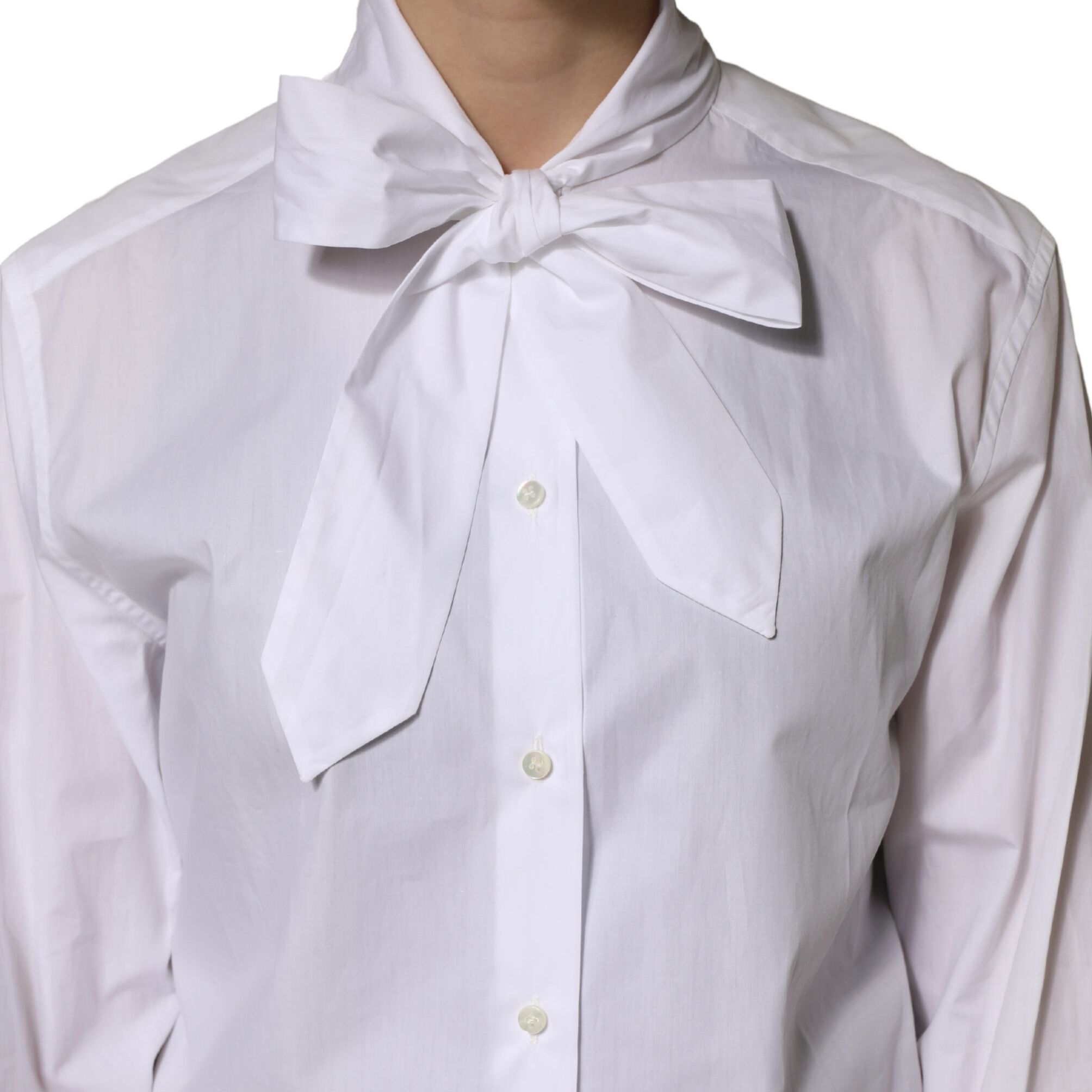 Dolce & Gabbana White Cotton Bow Tie Long Sleeves Blouse Top