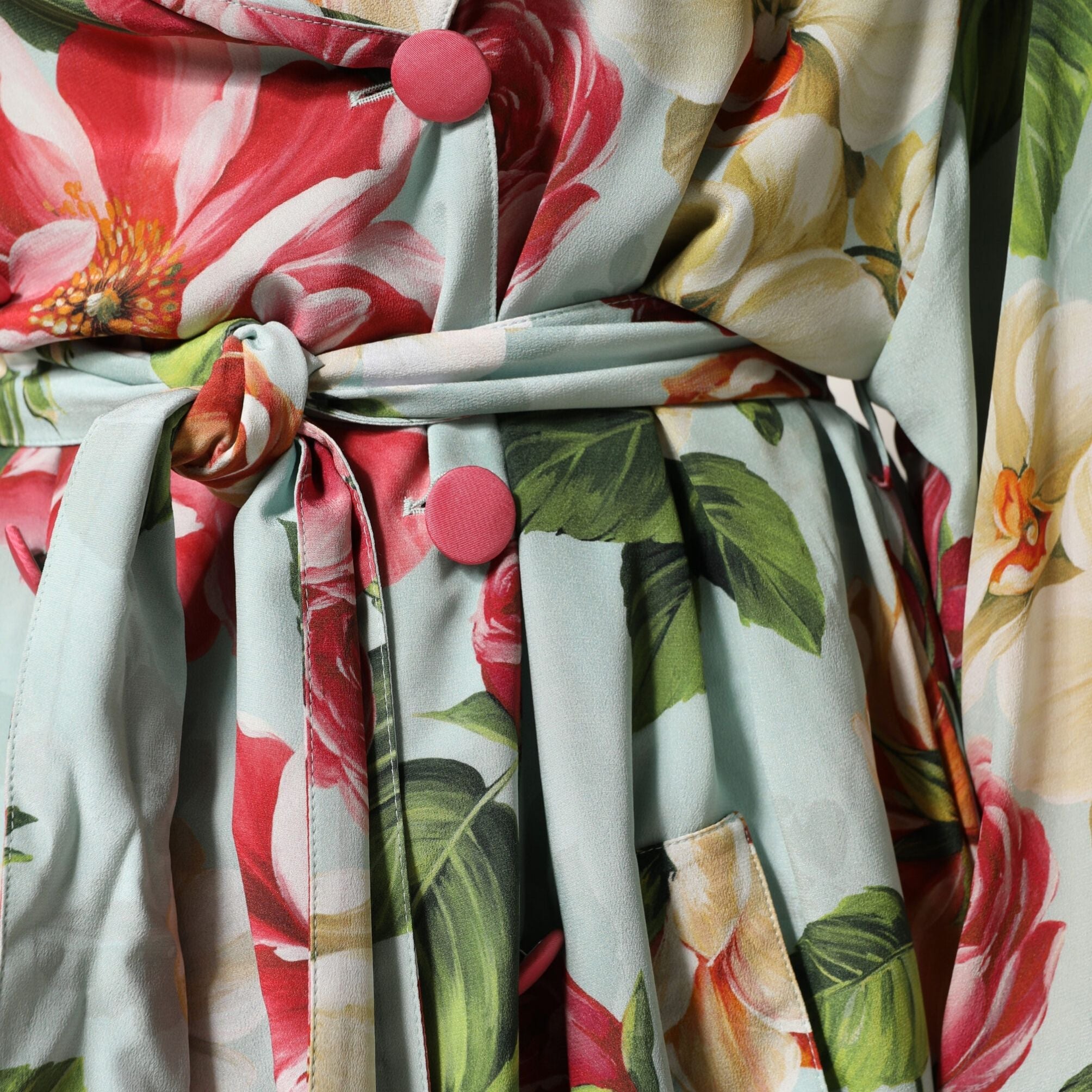 Dolce & Gabbana Green Floral Silk Wrap Midi Long Sleeve Dress