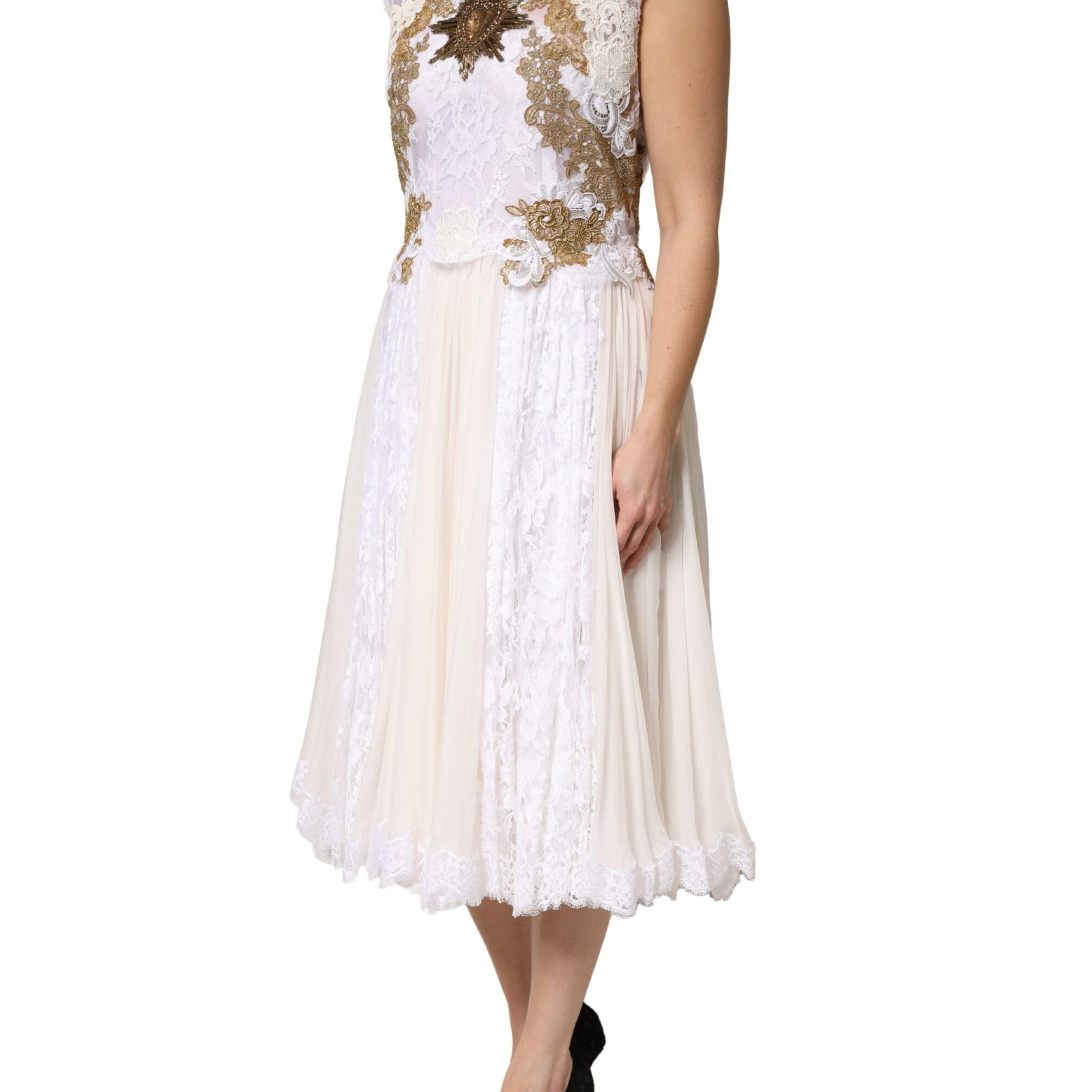 Dolce & Gabbana Ivory Lace Silk Embellished Sleeveless  Dress