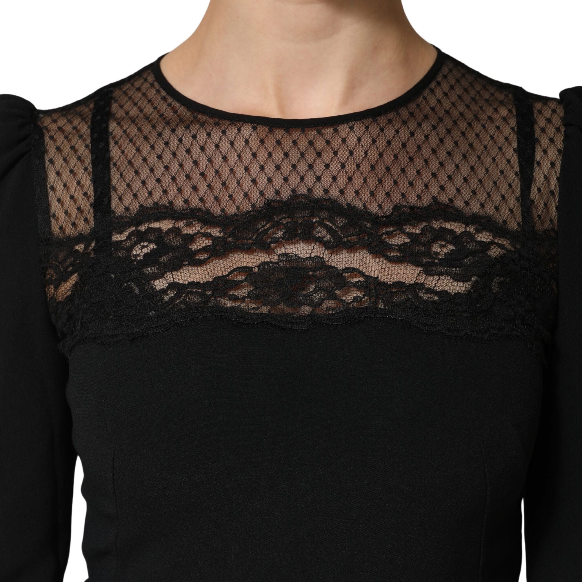 Dolce & Gabbana Black Lace Sheer Panel Midi Long Sleeve  Dress