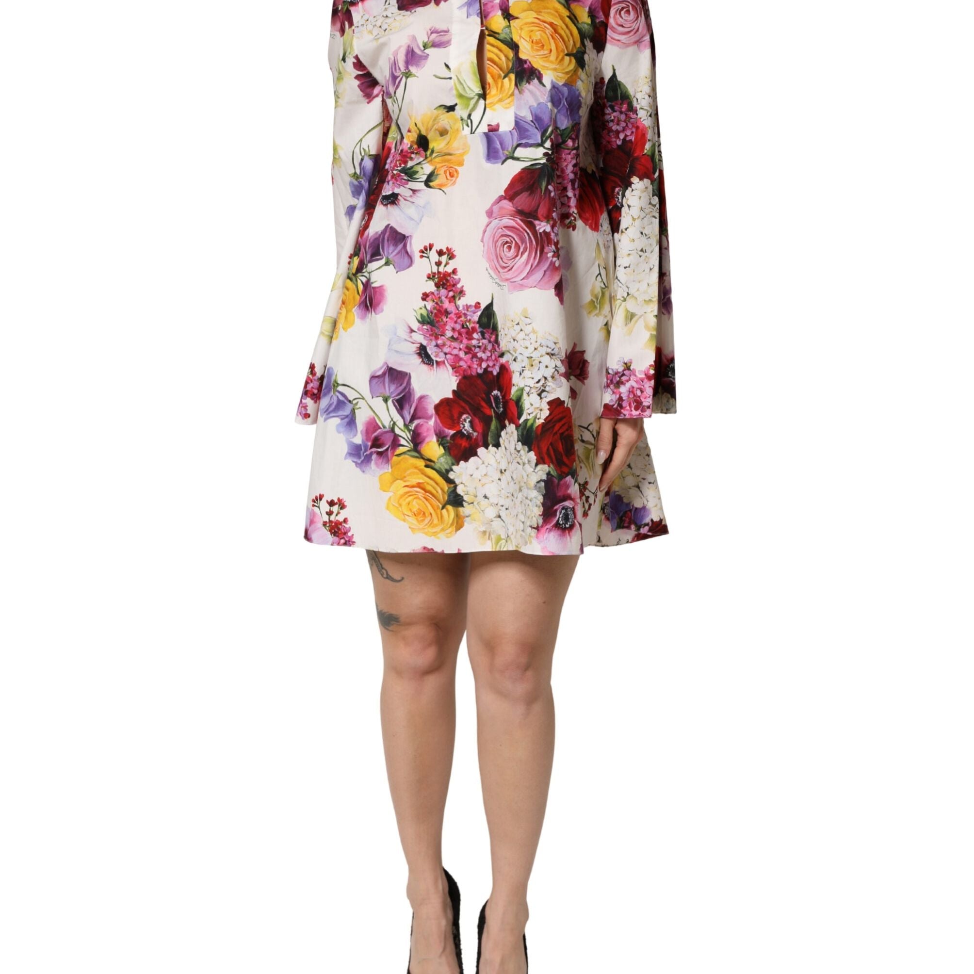 Dolce & Gabbana Multicolor Floral Cotton Longsleeves Midi Dress