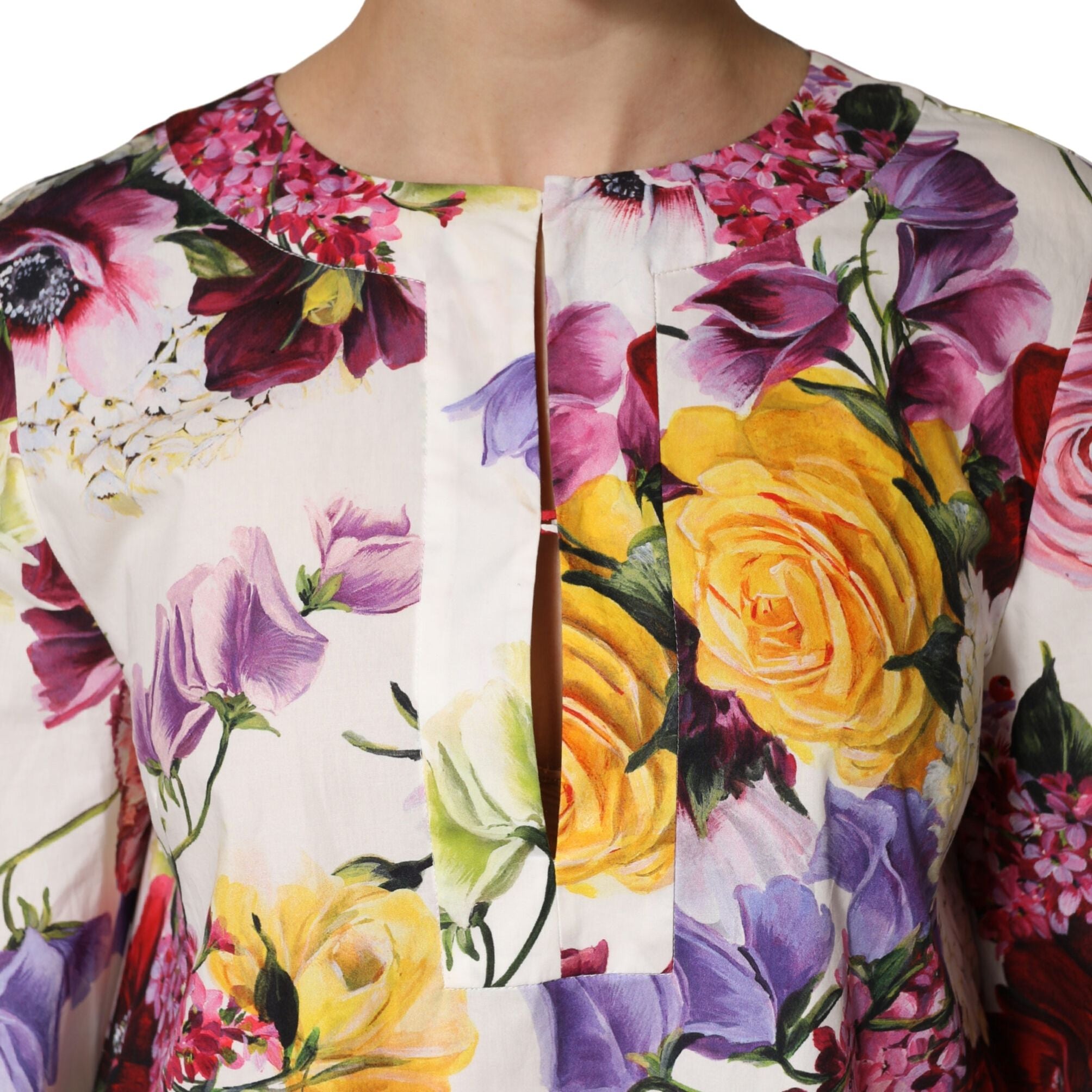 Dolce & Gabbana Multicolor Floral Cotton Longsleeves Midi Dress