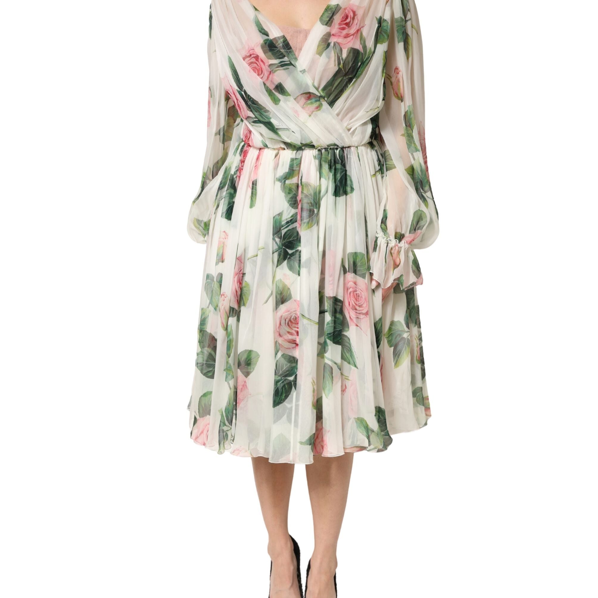 Dolce & Gabbana Floral Rose Ivory Silk Blend Longsleeve Dress