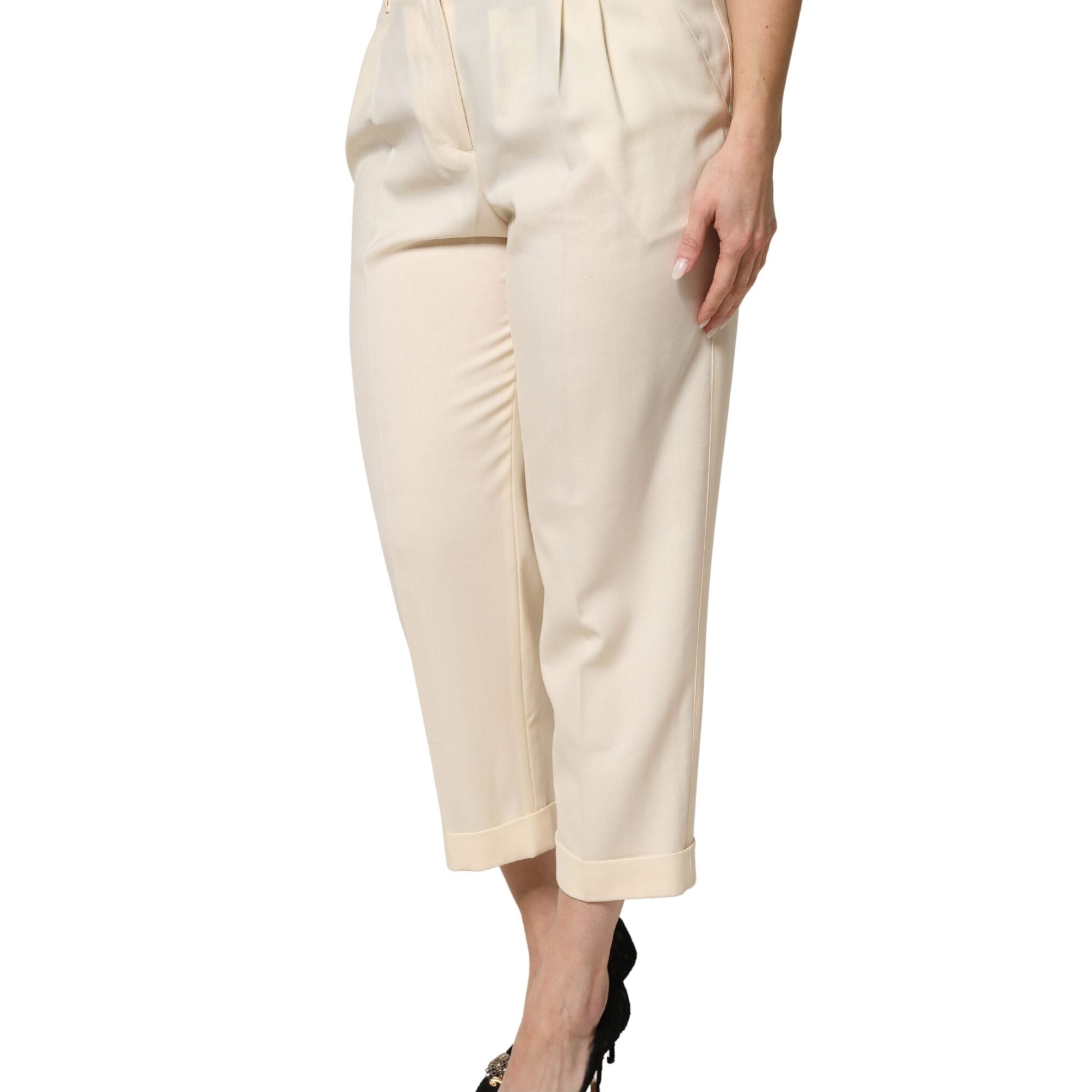 Dolce & Gabbana Ivory Wool Mid Waist Cropped Trouser Pants
