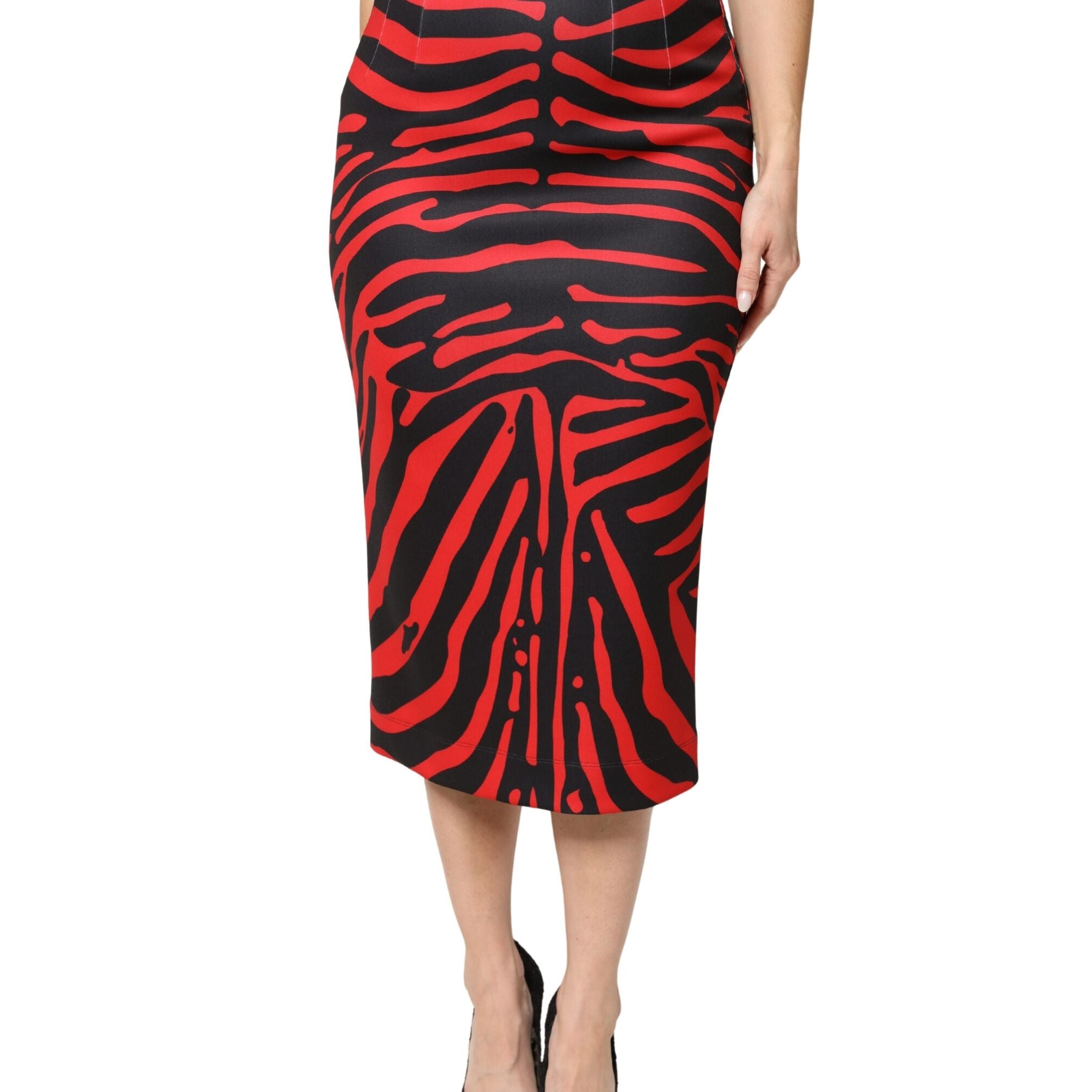 Dolce & Gabbana Red Black Zebra Print Polyester Pencil Midi Skirt