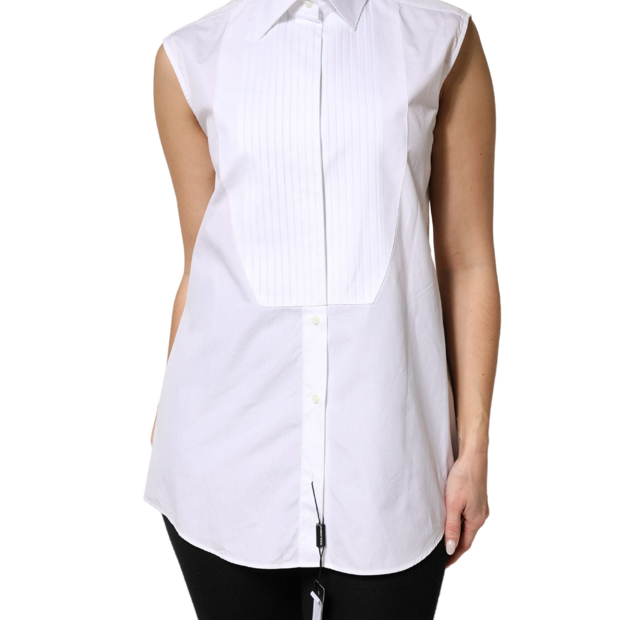 Dolce & Gabbana White Cotton Pleated Sleeveless Button Down Top