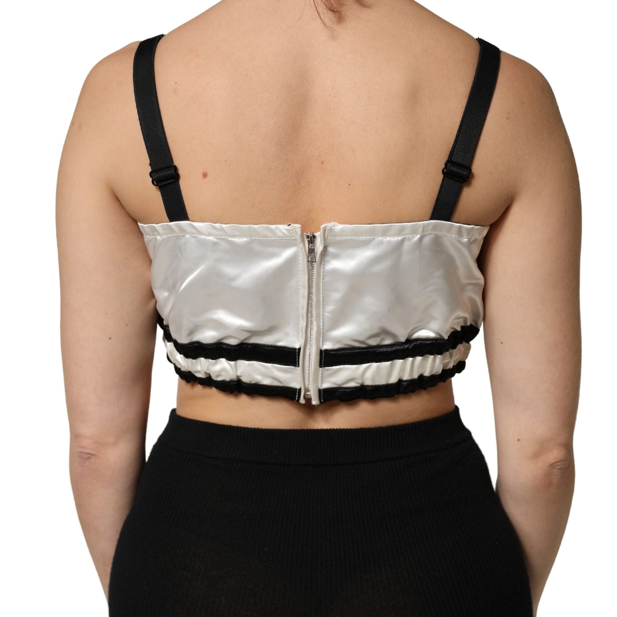 Dolce & Gabbana White Silk Satin Crop Black Logo Bralette Top