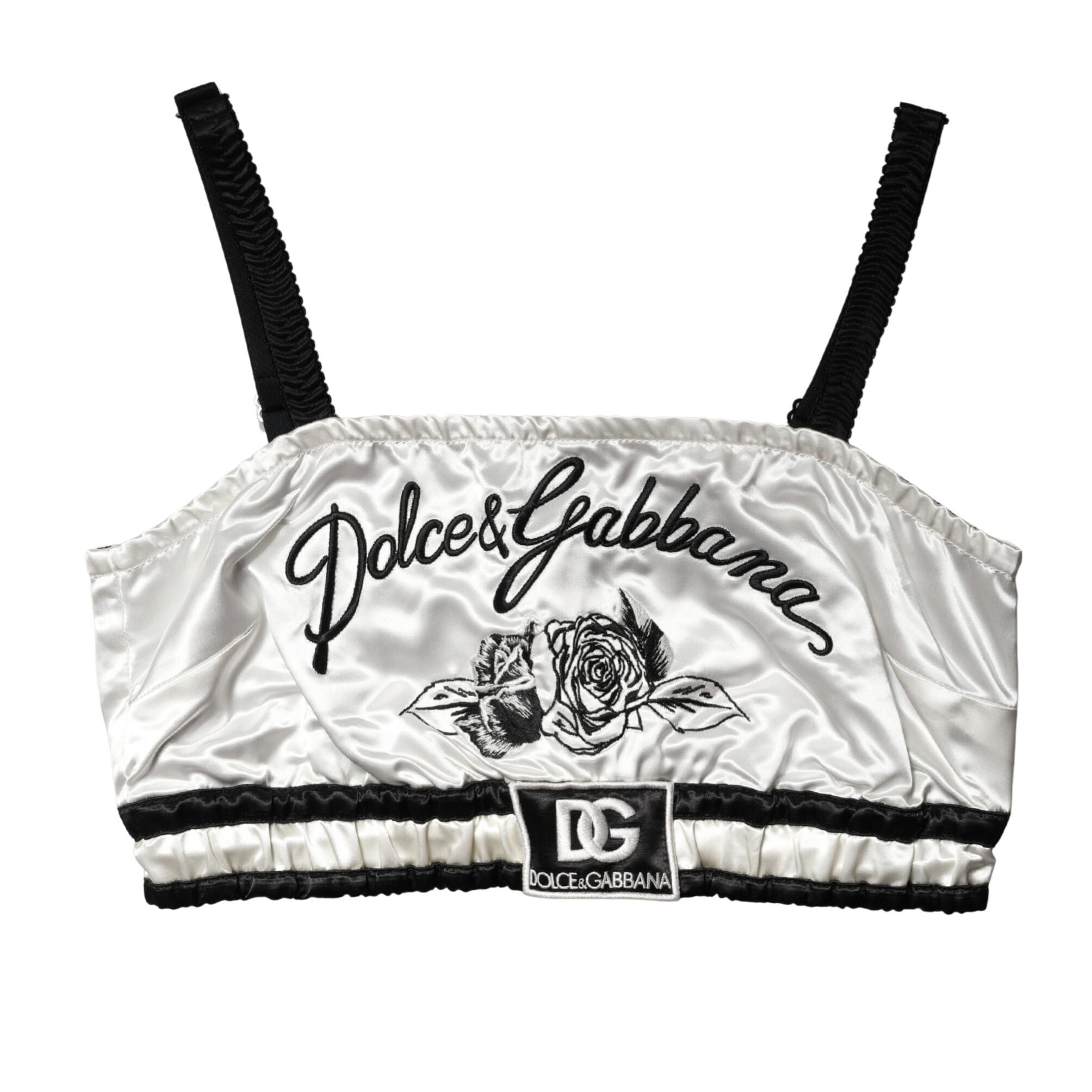 Dolce & Gabbana White Silk Satin Crop Black Logo Bralette Top