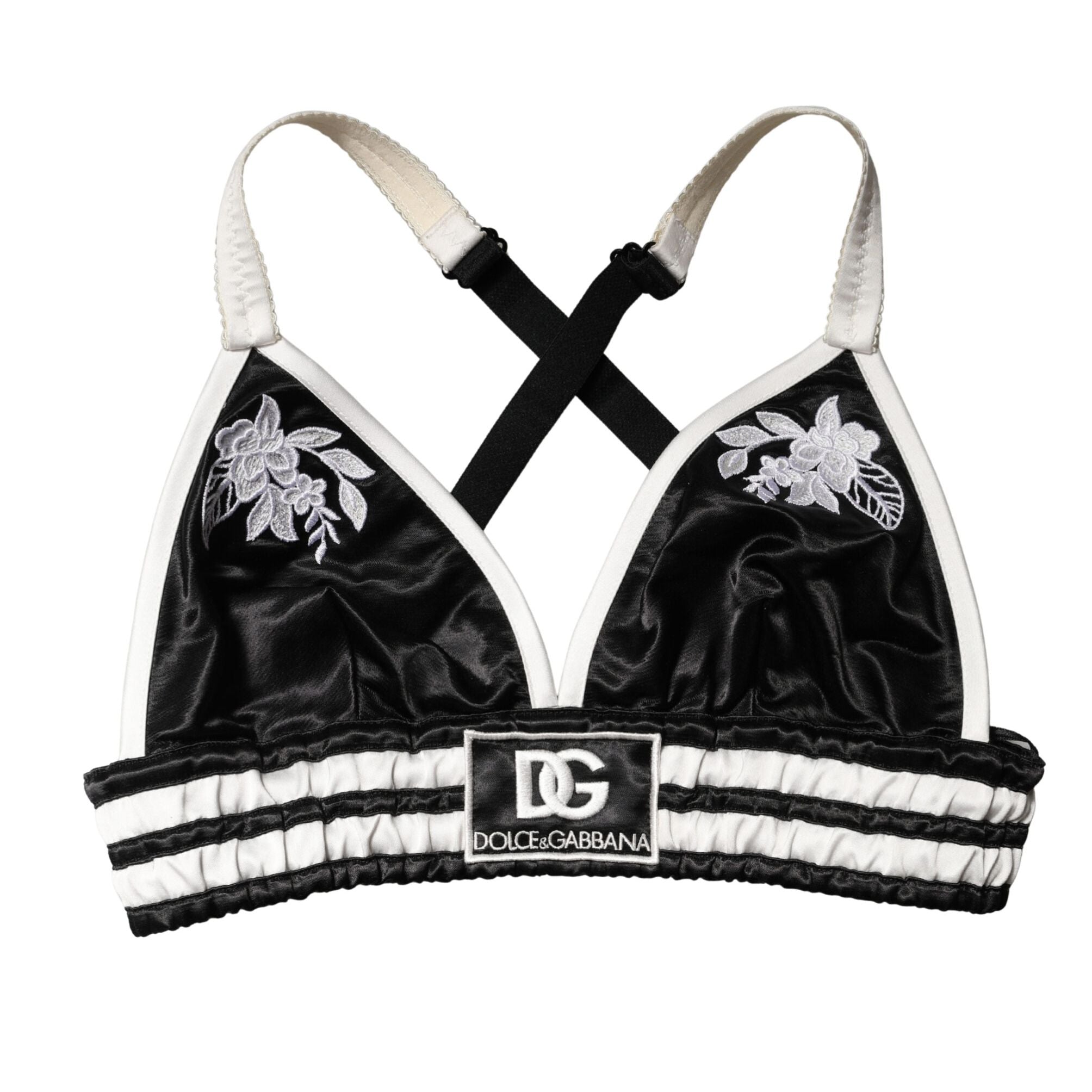 Dolce & Gabbana Black Floral Silk Satin Crop Logo Bralette Top