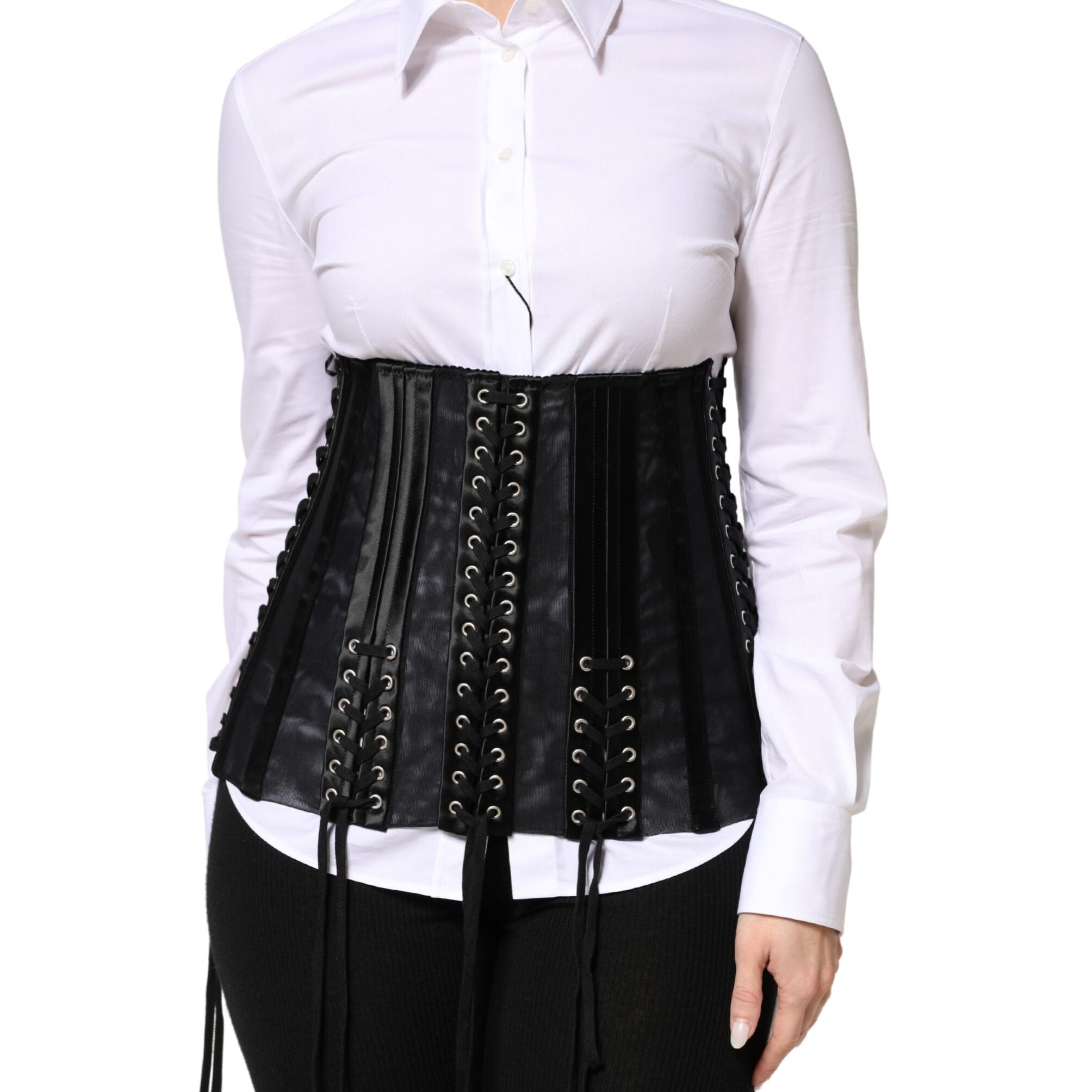 Dolce & Gabbana Black Lace-Up Waist Cincher Bustier Corset Top