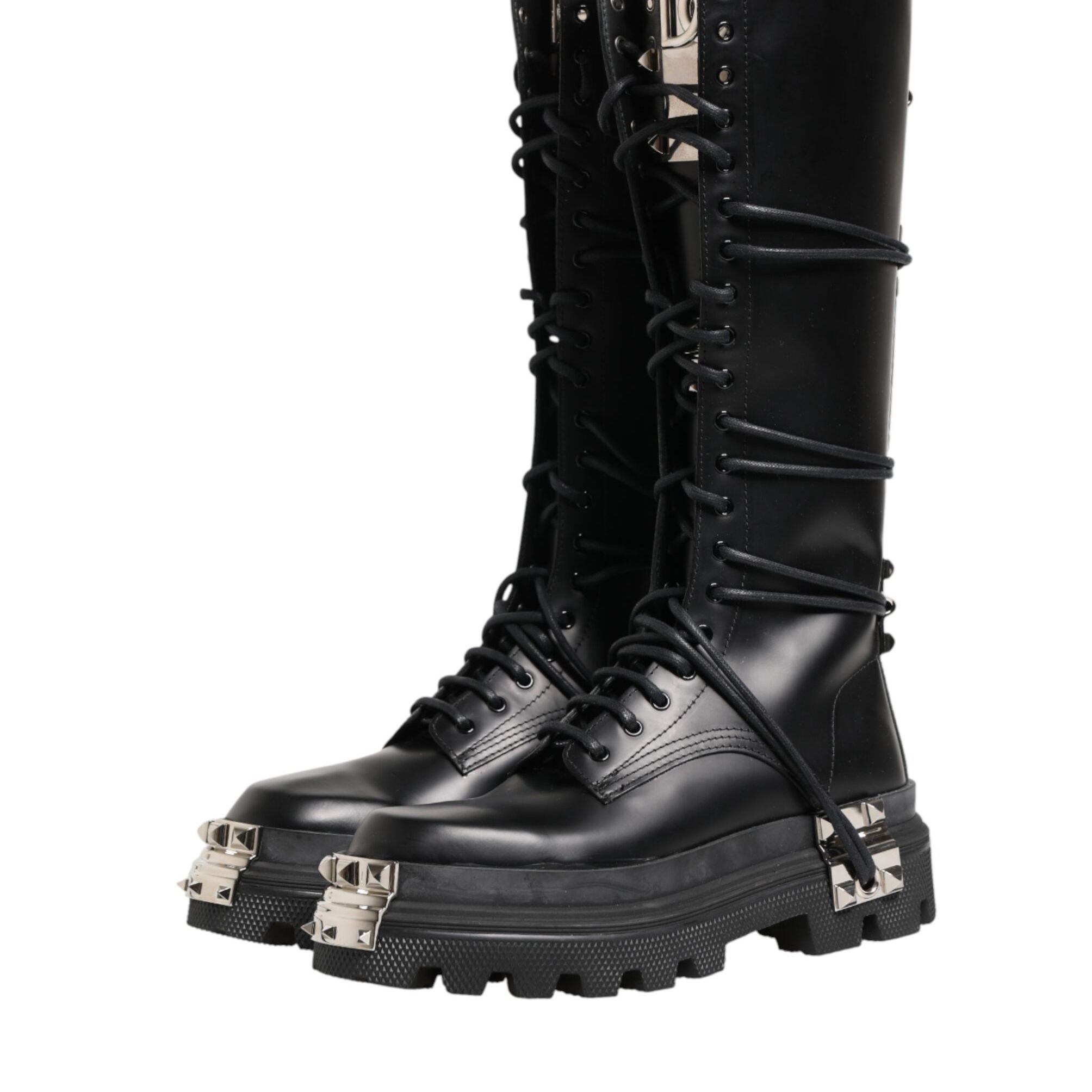 Dolce & Gabbana Black Leather Knee High Combat Boots Shoes