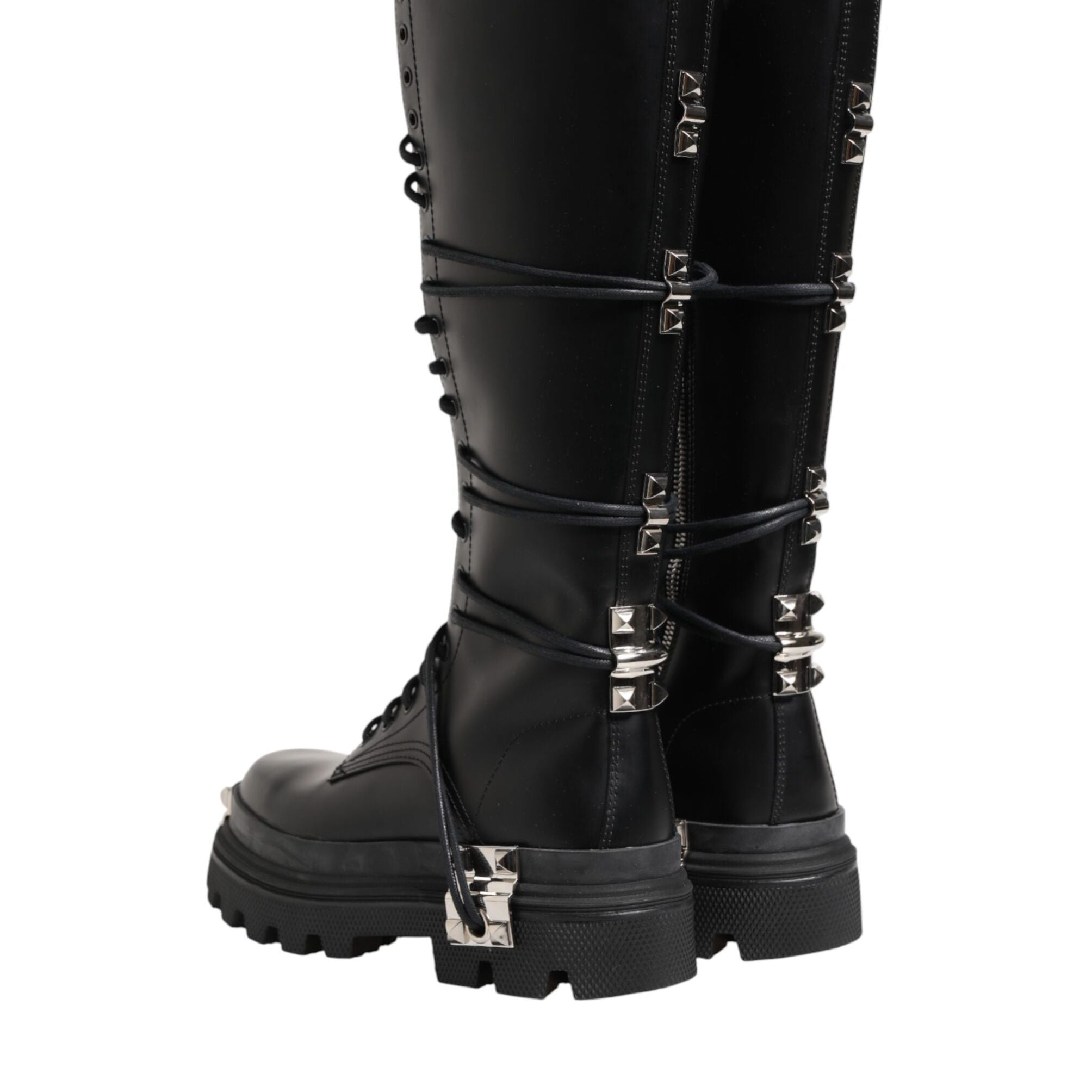 Dolce & Gabbana Black Leather Knee High Combat Boots Shoes