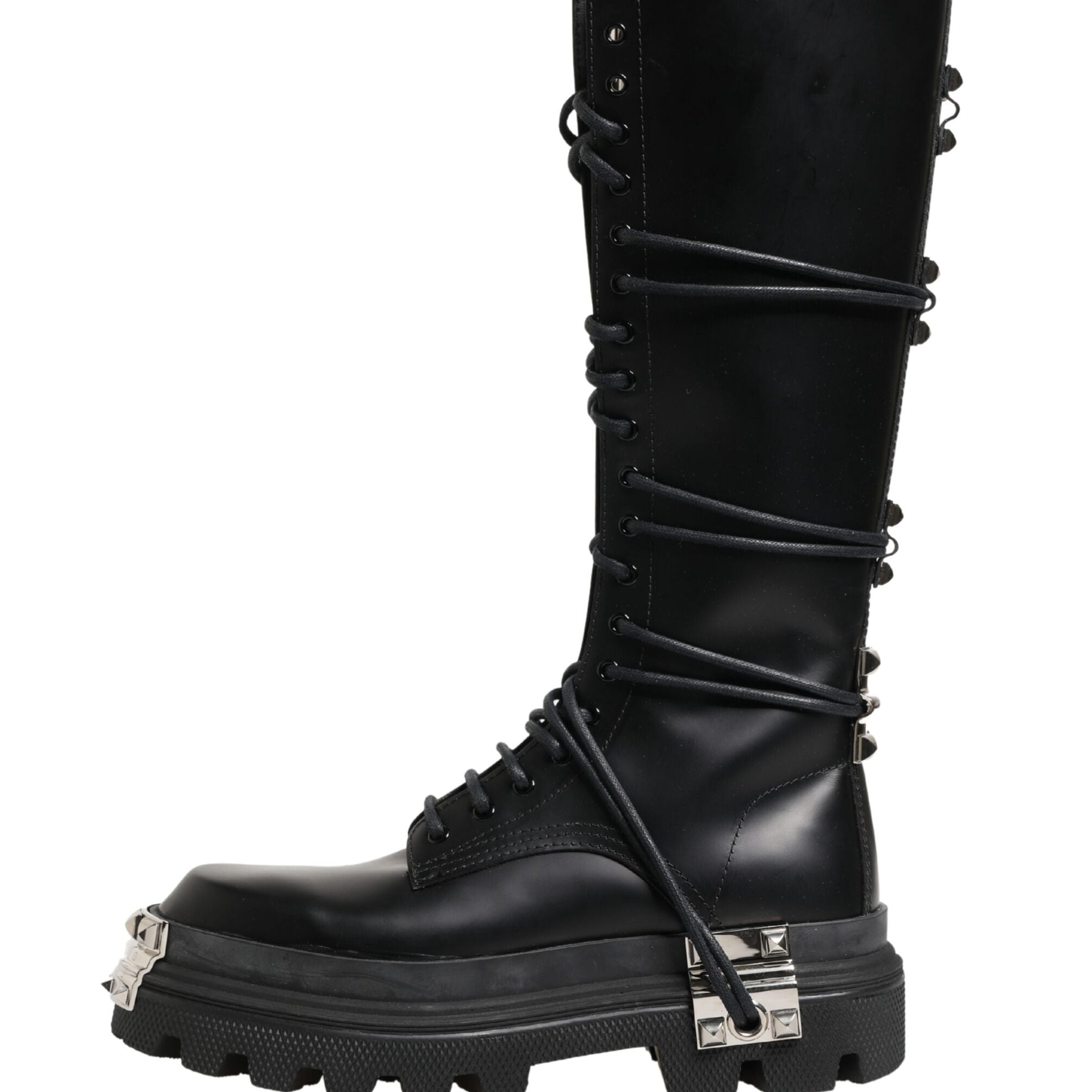 Dolce & Gabbana Black Leather Knee High Combat Boots Shoes