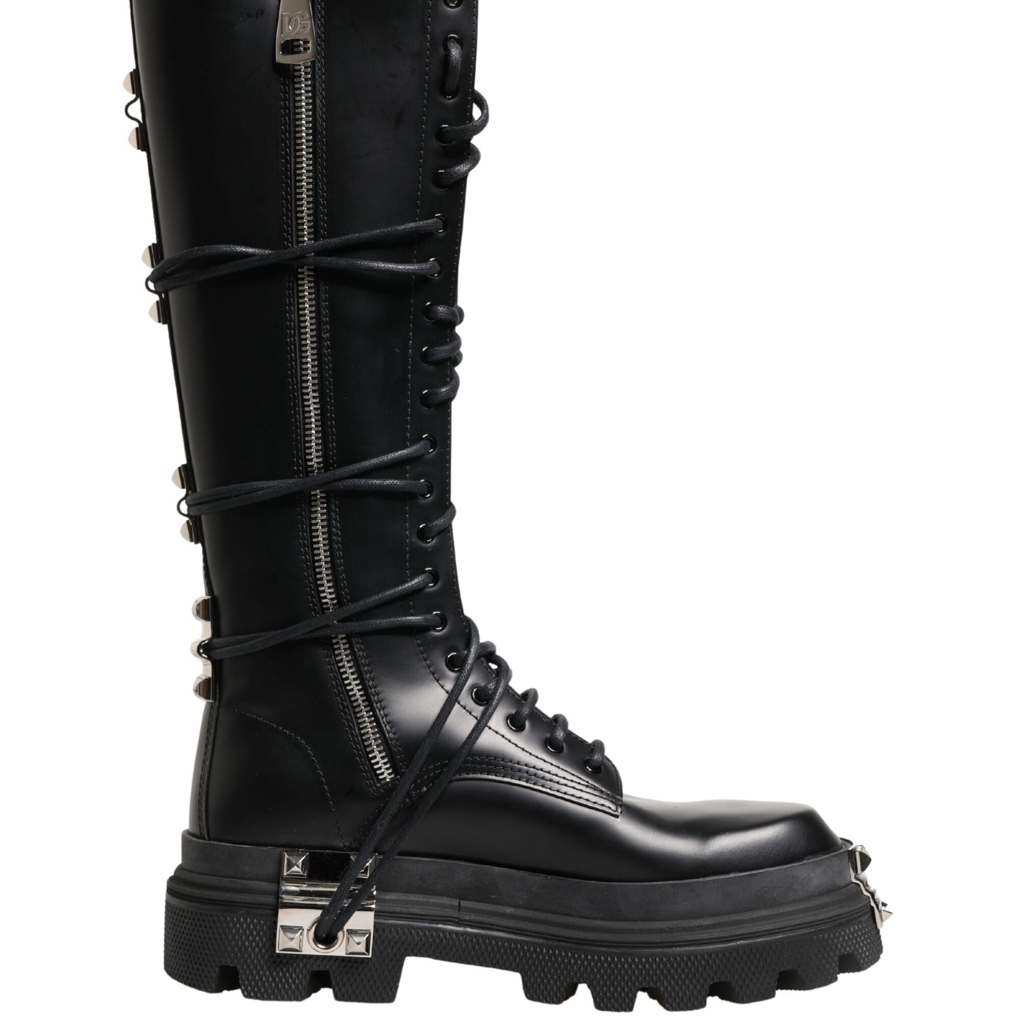 Dolce & Gabbana Black Leather Knee High Combat Boots Shoes
