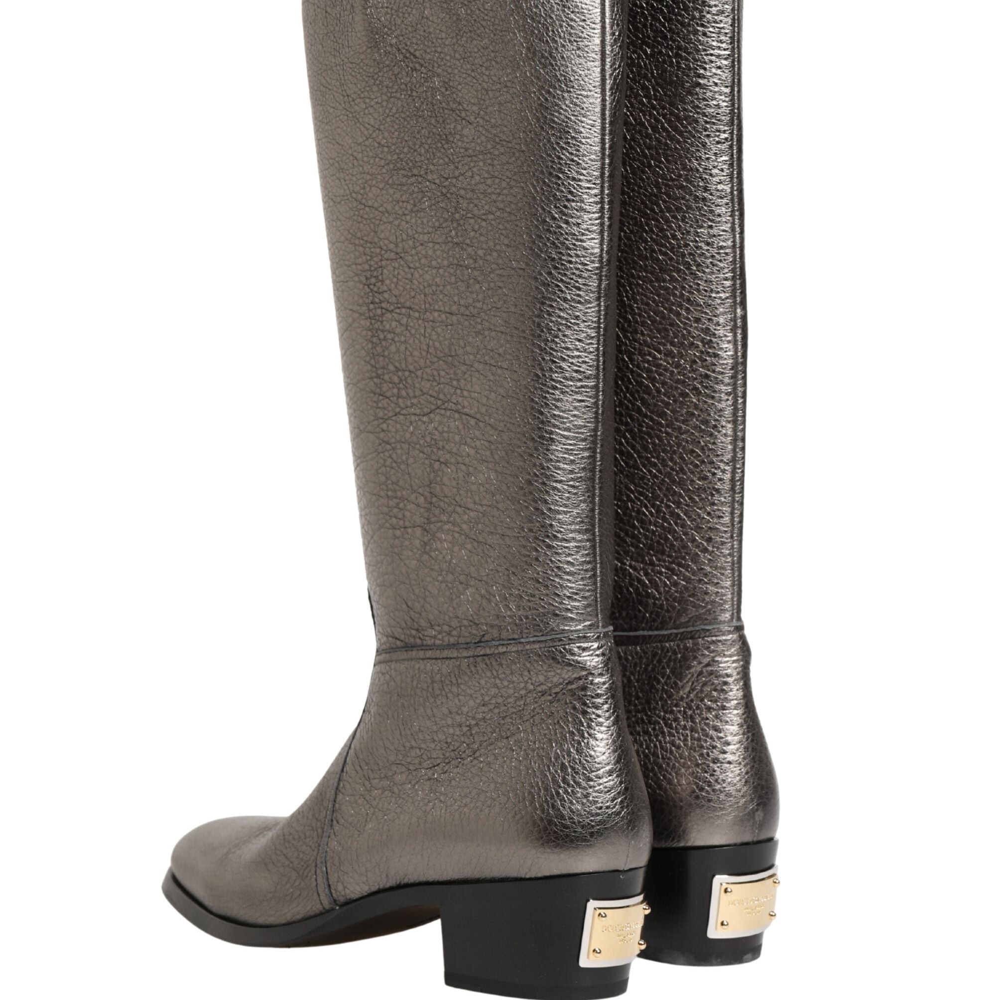 Dolce & Gabbana Metallic Silver Leather Knee High Boots Shoes