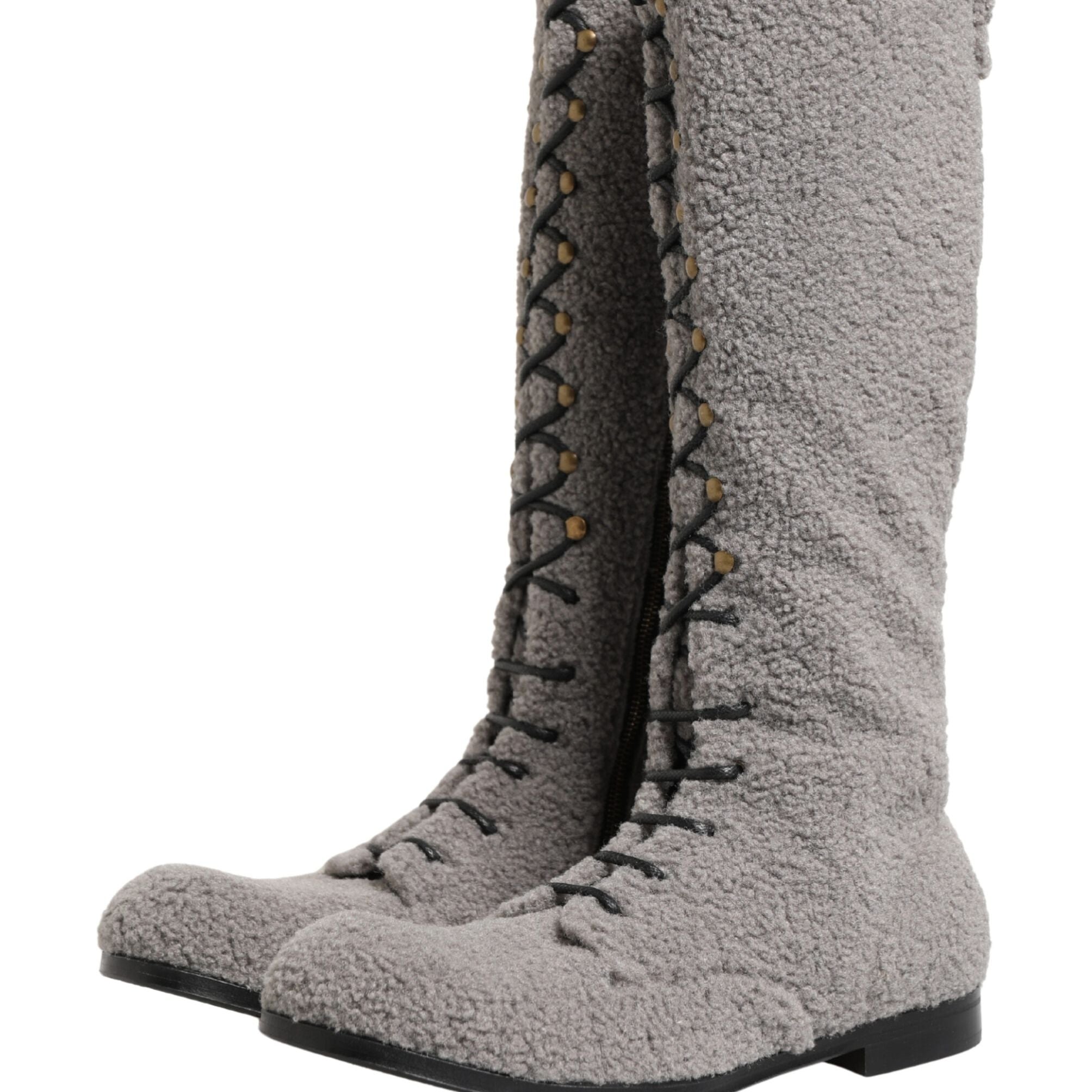 Dolce & Gabbana Gray Shearling Lace Up Knee High Boots Shoes