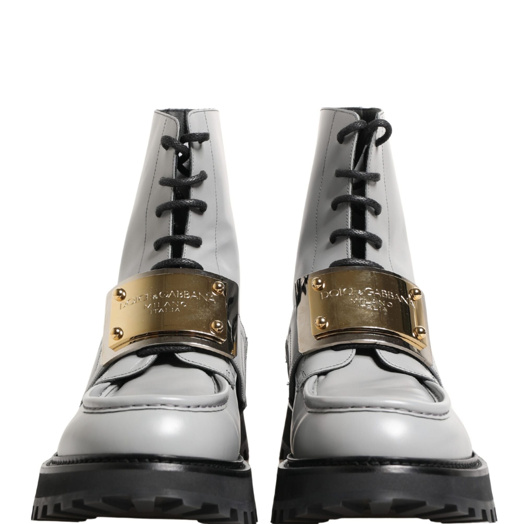 Dolce & Gabbana Gray Leather Logo Plaque Ankle Boots Shoes