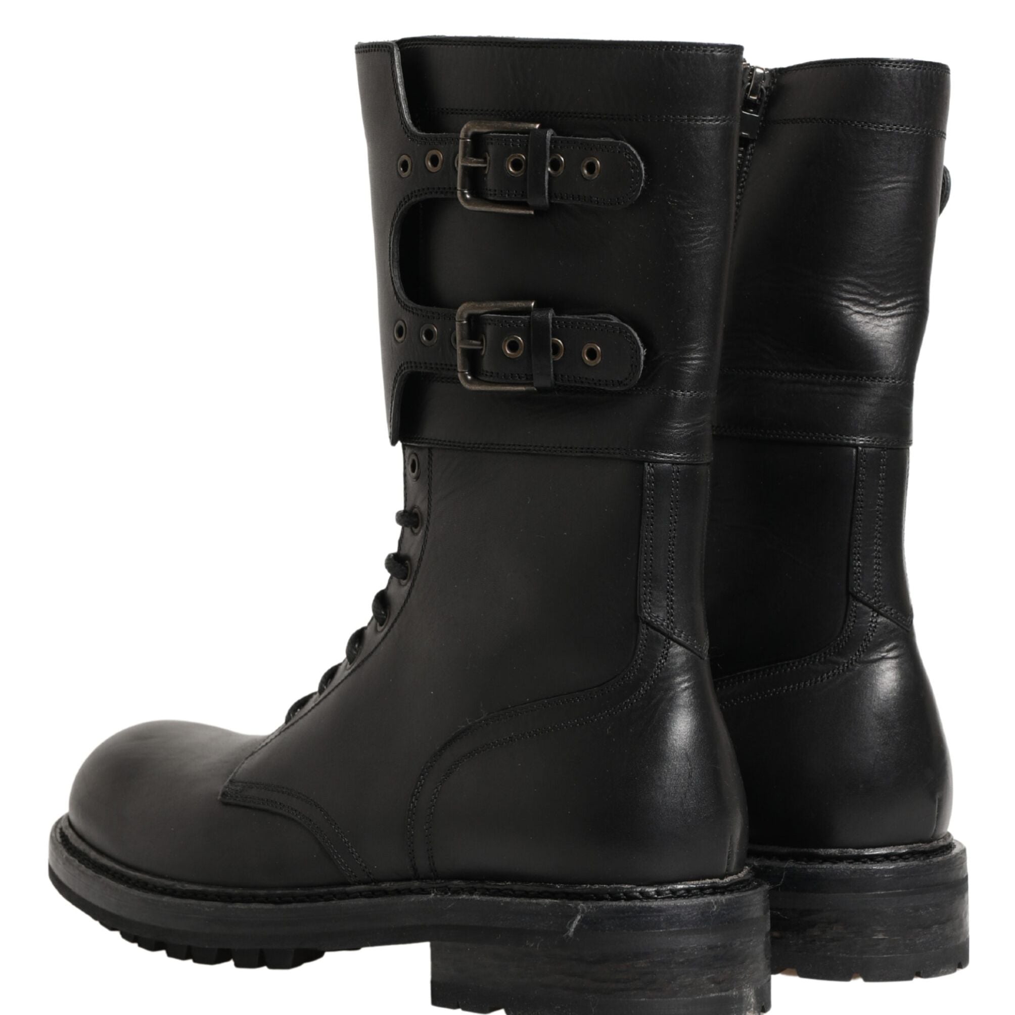 Dolce & Gabbana Black Leather Belted Buckle Combat Boots Shoes
