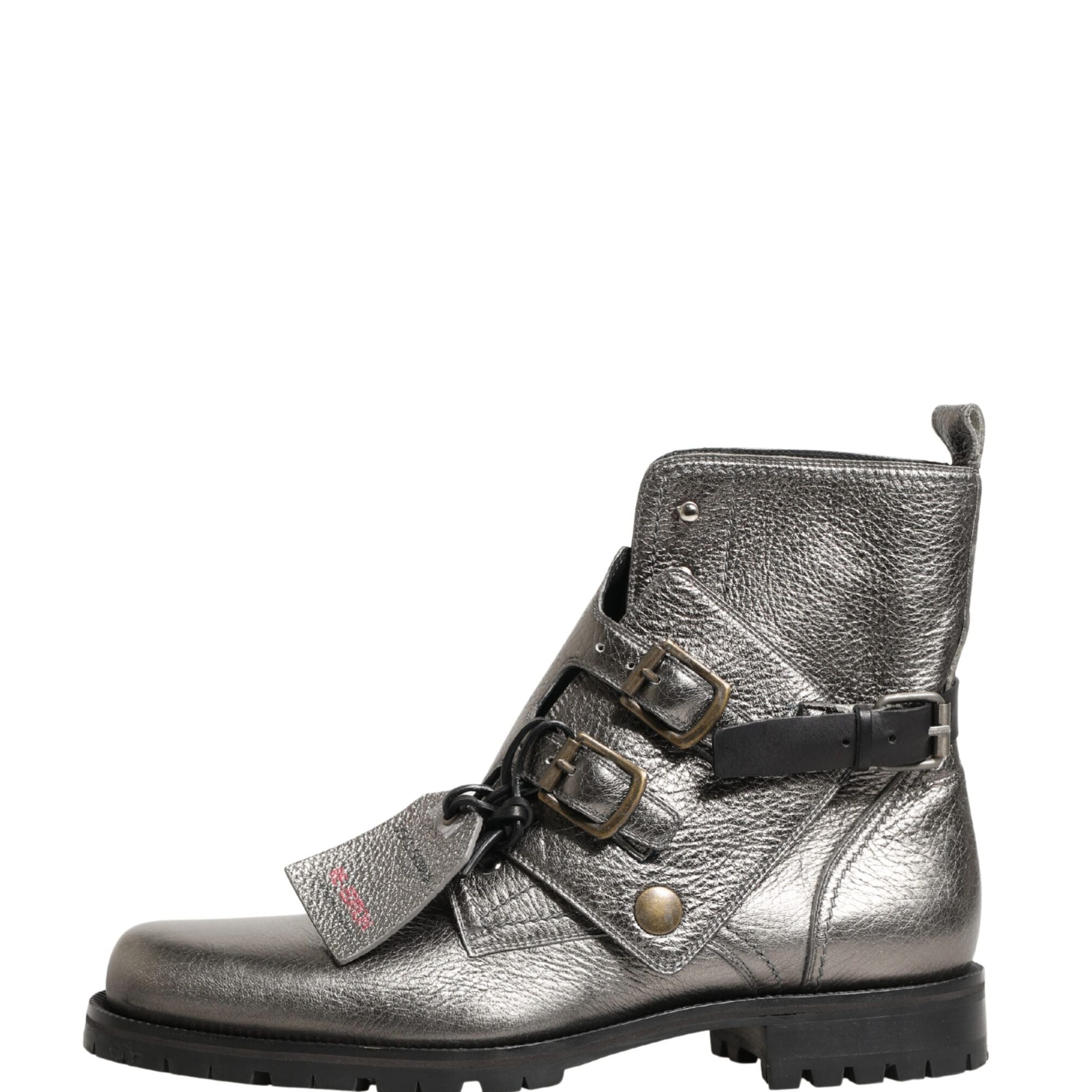 Dolce & Gabbana Metallic Silver Leather Buckle Ankle Boots Shoes