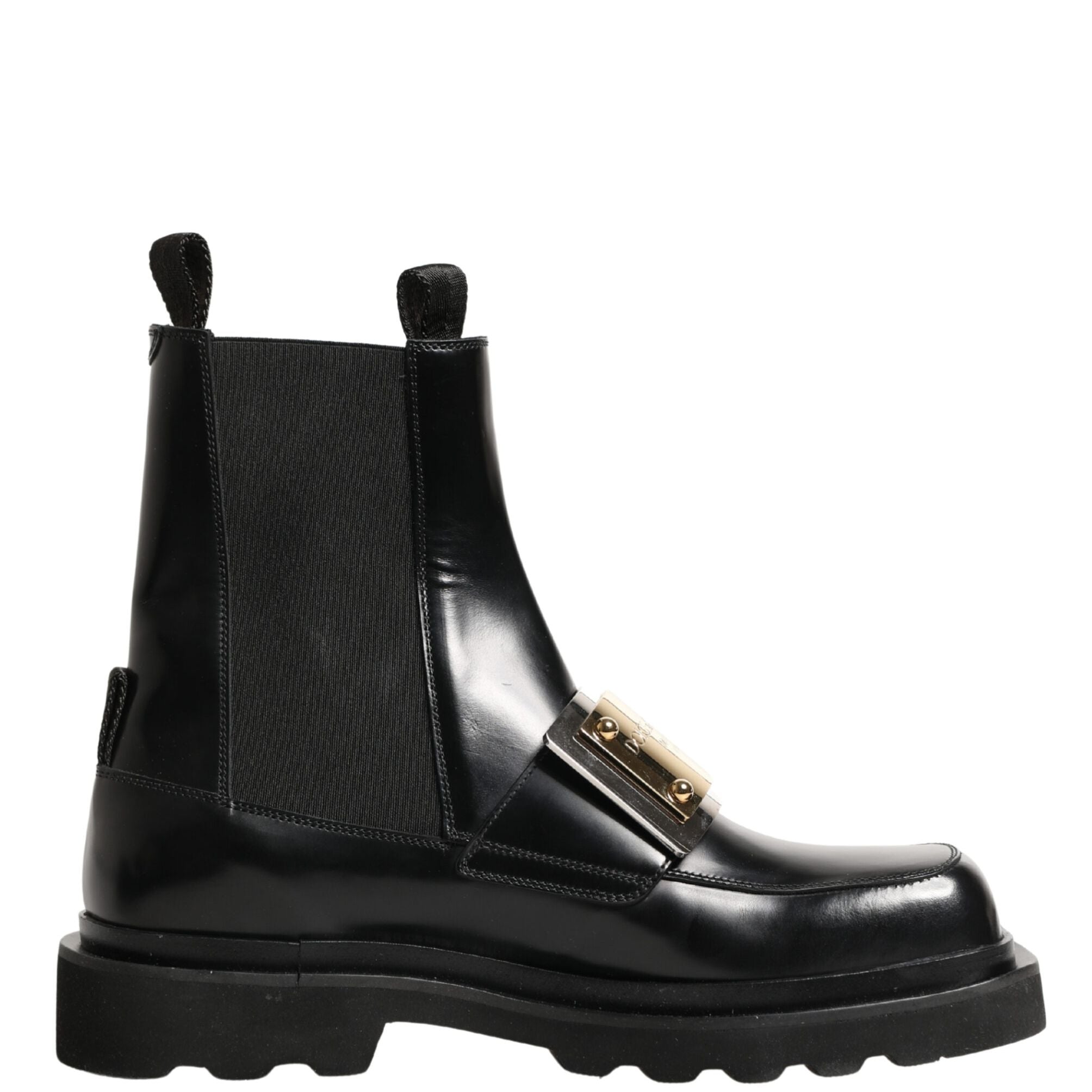 Dolce & Gabbana Black Leather Logo Plaque Ankle Boots Shoes