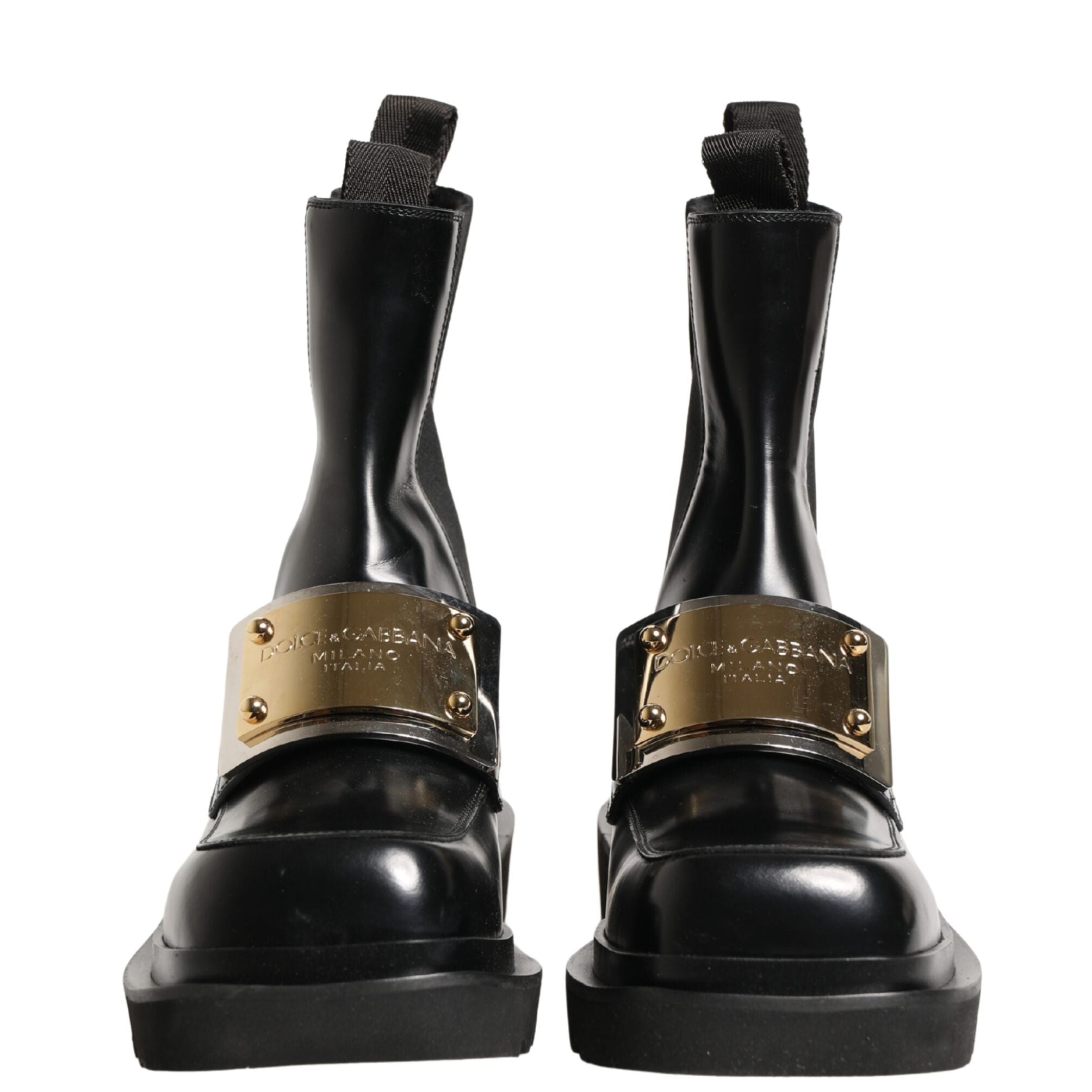 Dolce & Gabbana Black Leather Logo Plaque Ankle Boots Shoes