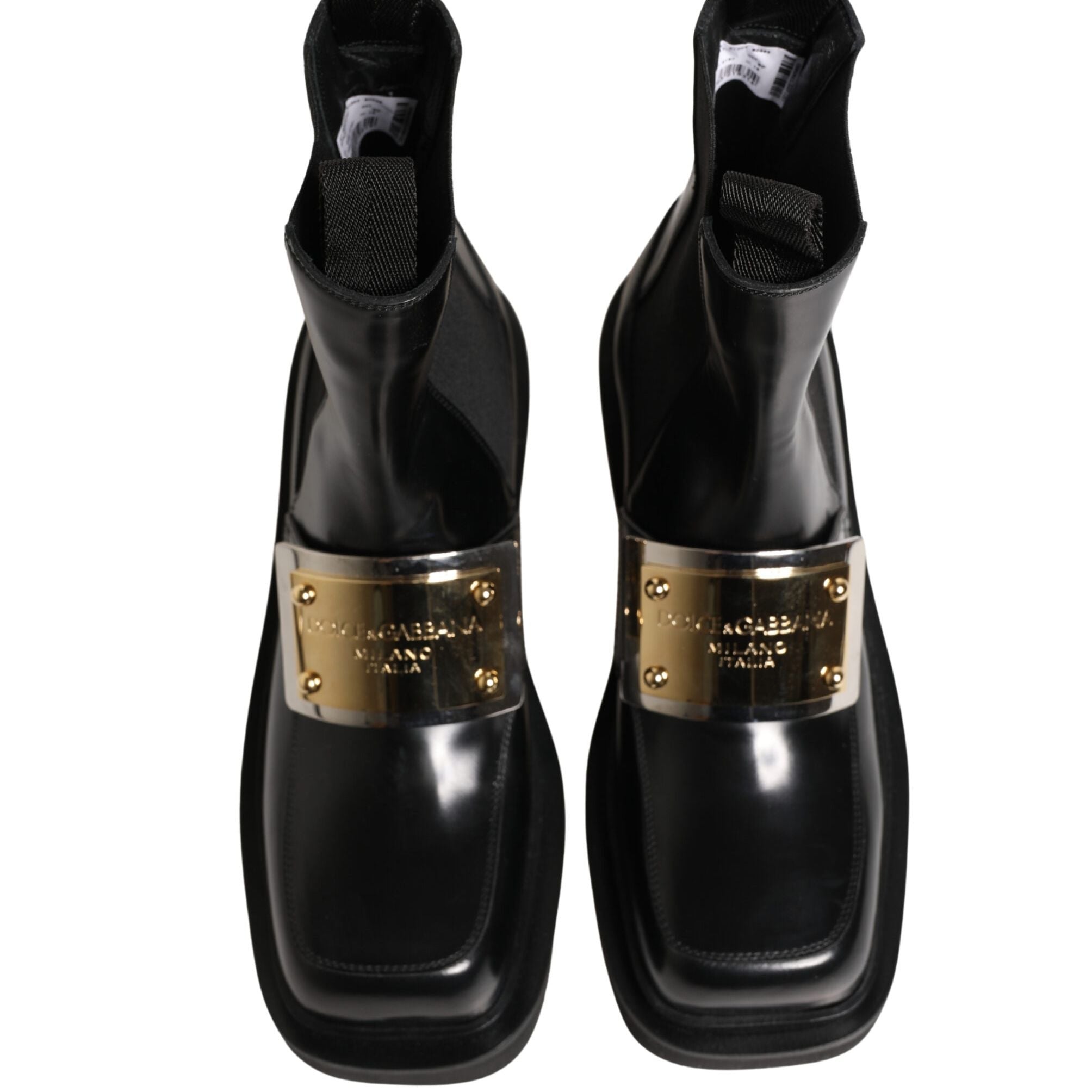 Dolce & Gabbana Black Leather Logo Plaque Ankle Boots Shoes