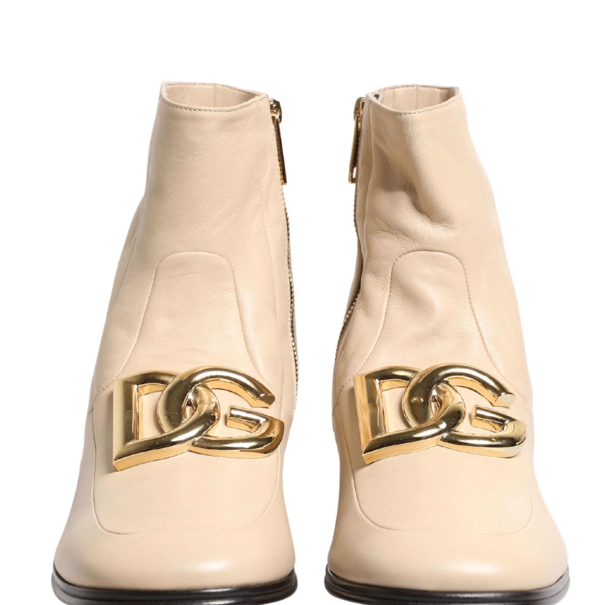 Dolce & Gabbana Beige Leather Logo Plaque Ankle Boots Shoes