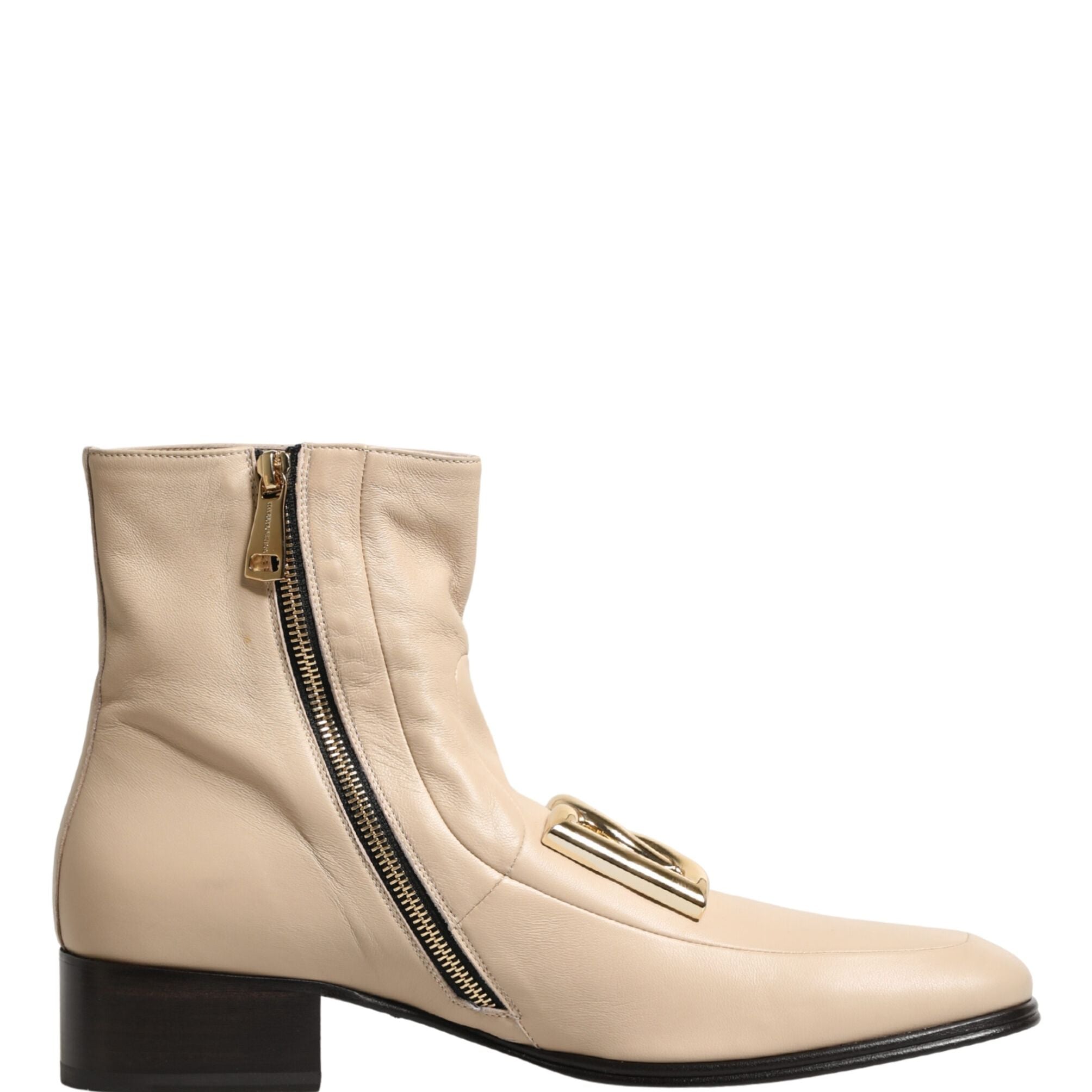 Dolce & Gabbana Beige Leather Logo Plaque Ankle Boots Shoes