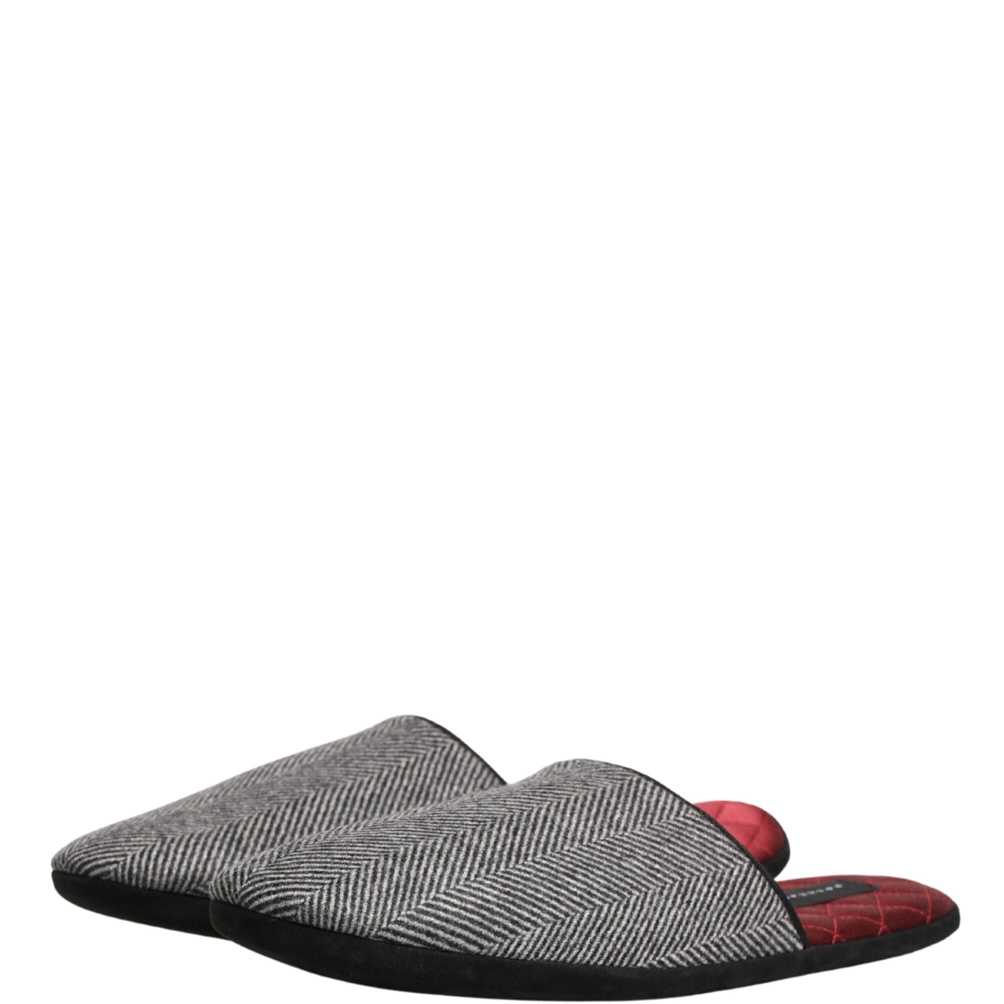 Dolce & Gabbana Grey Herringbone Cashmere Red Slippers Shoes