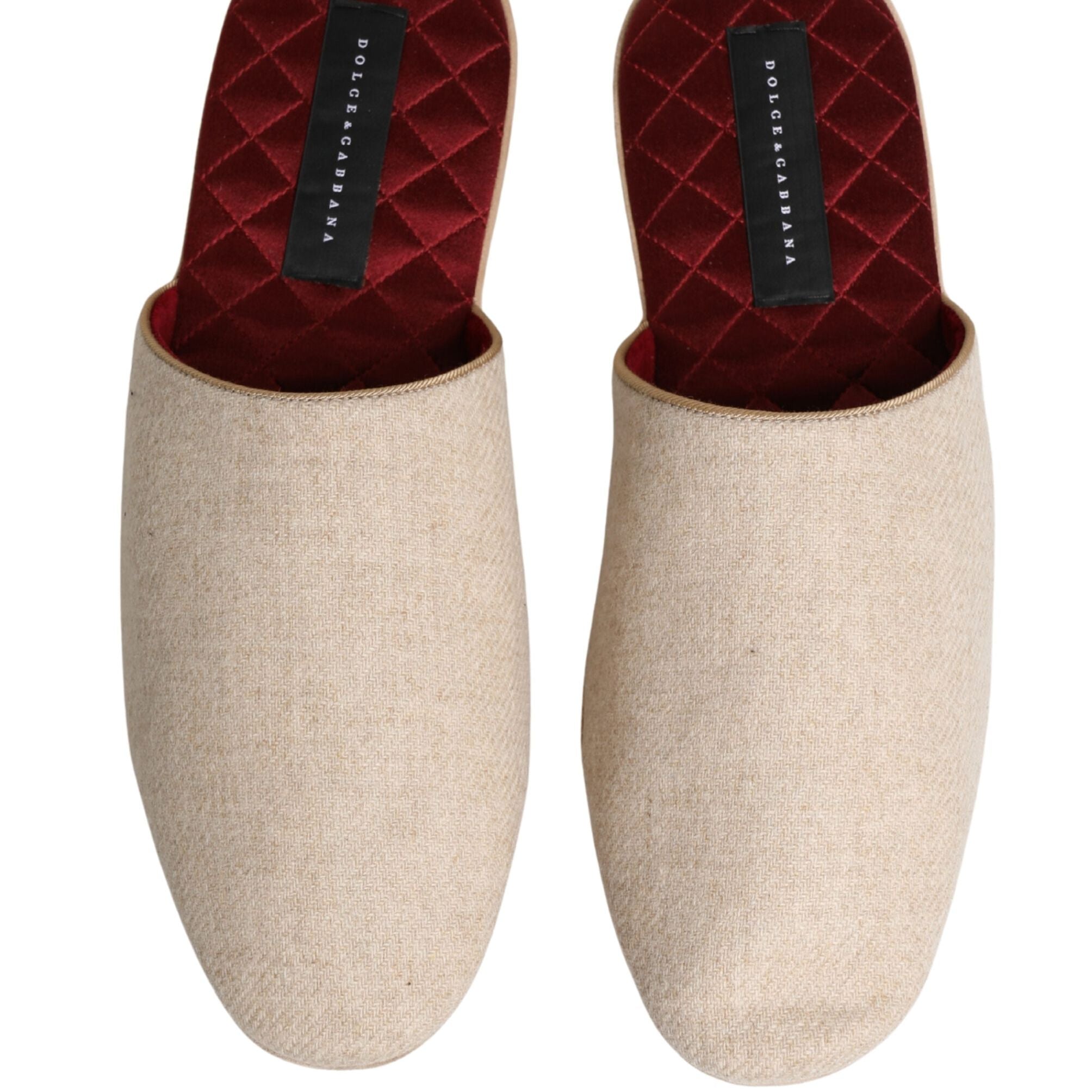 Dolce & Gabbana Beige Shetland Wool Red Quilted Slippers Shoes
