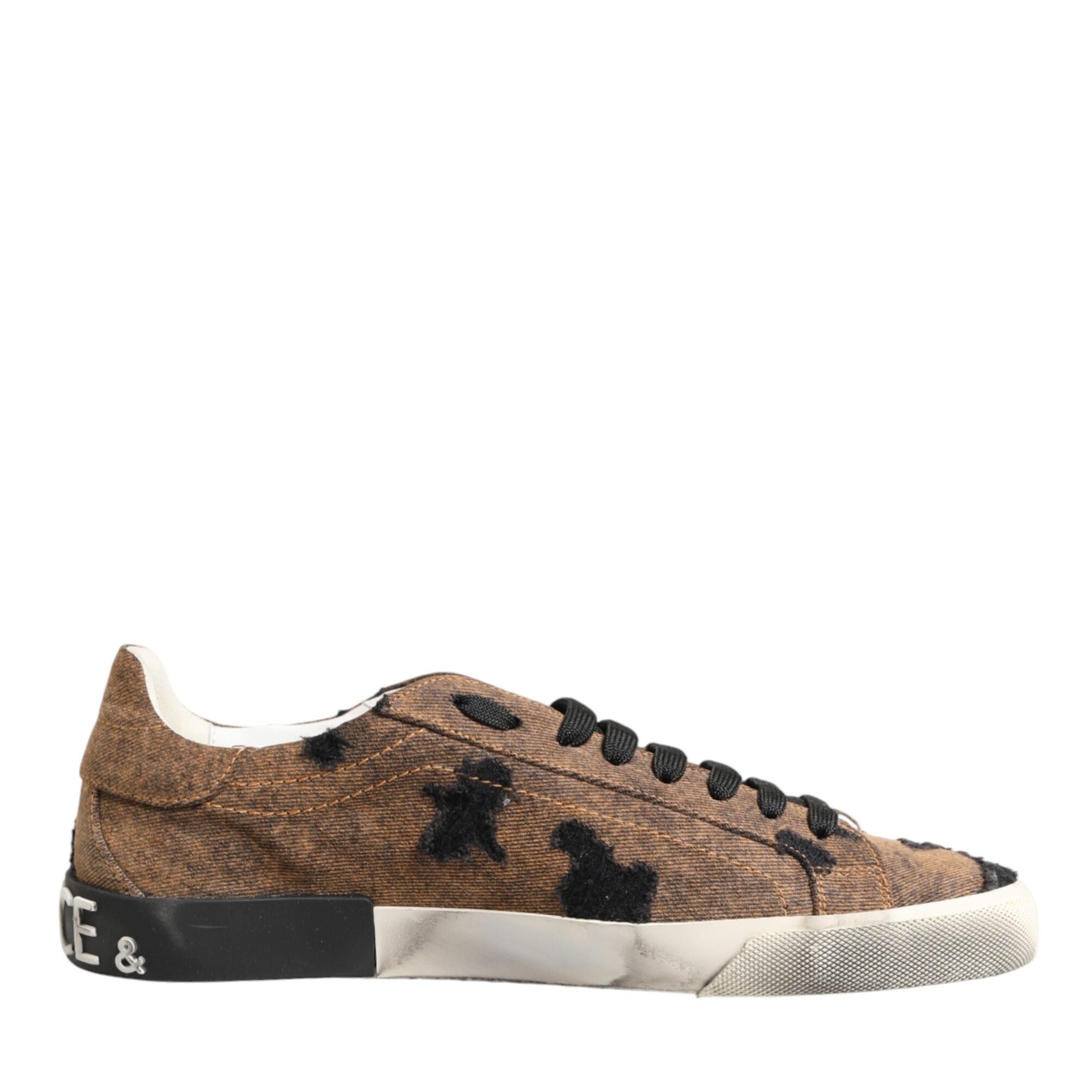Dolce & Gabbana Brown Black Patch Denim Low Top Sneakers Shoes