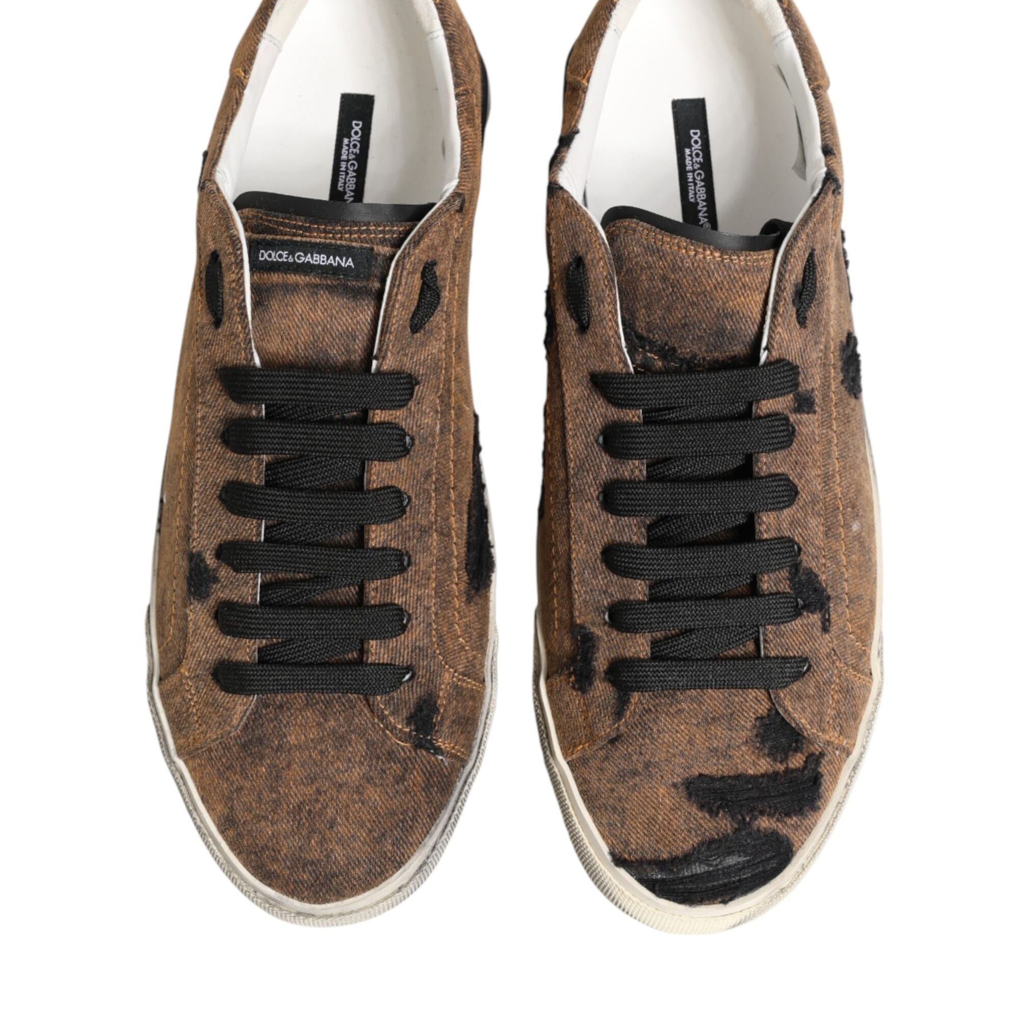 Dolce & Gabbana Brown Black Patch Denim Low Top Sneakers Shoes