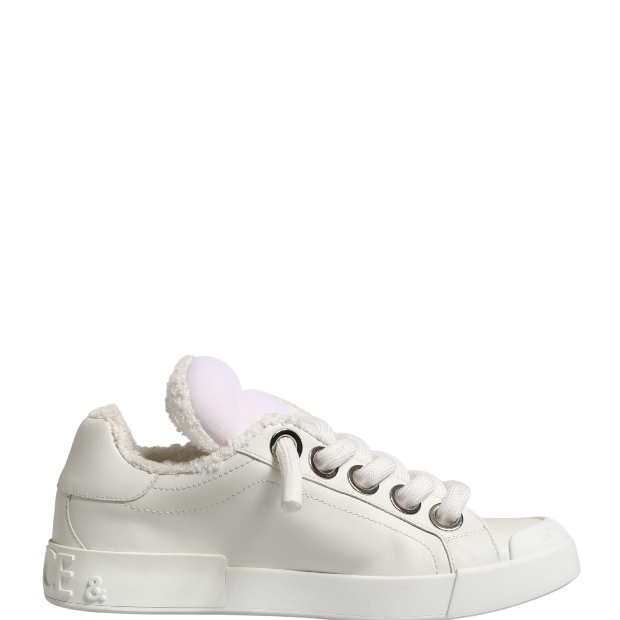 Dolce & Gabbana White Leather Shearling Fur Low Top Sneakers Shoes