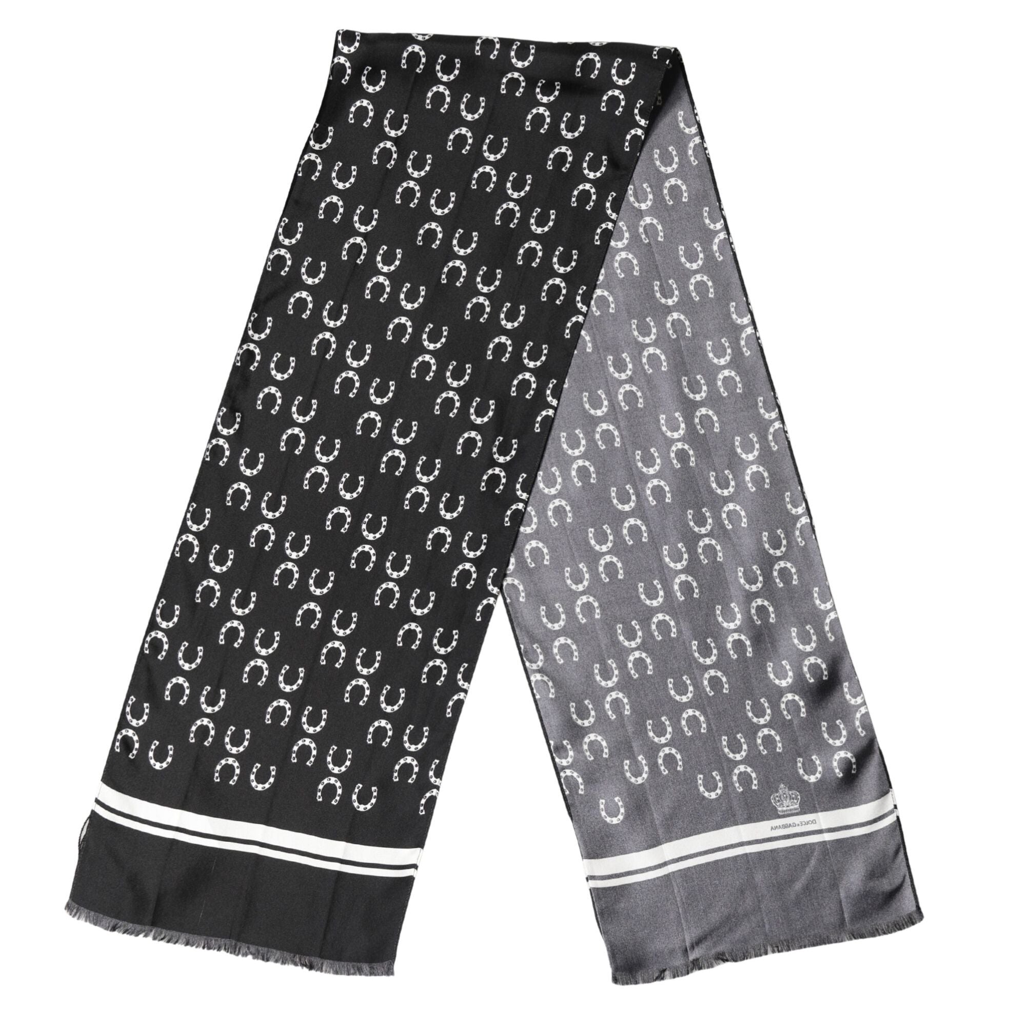 Dolce & Gabbana Black Horseshoe Silk Neck Foulard 136cm x 23cm Men Scarf