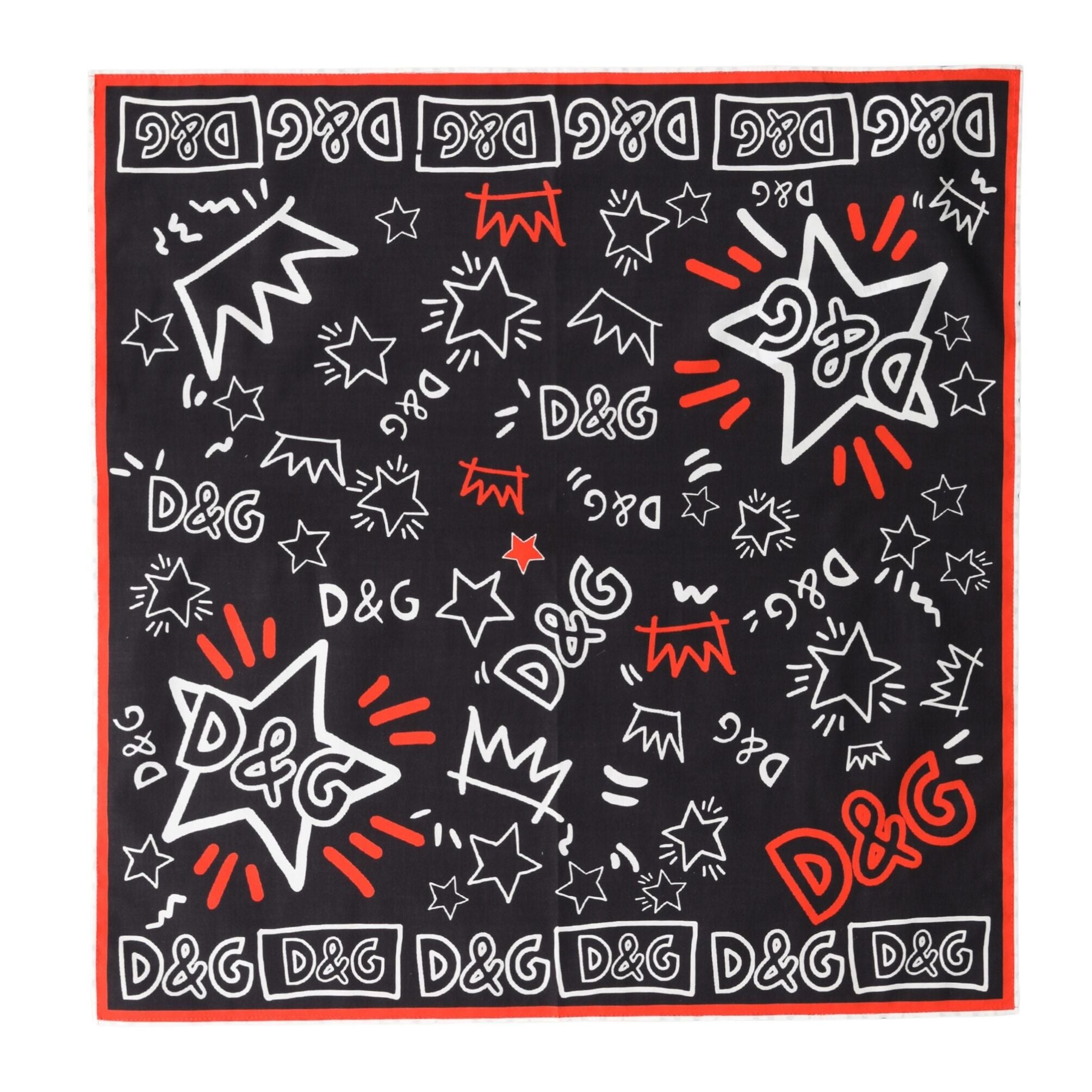 Dolce & Gabbana Black White Red DG Crown Cotton Foulard 47cm x 46cm Scarf