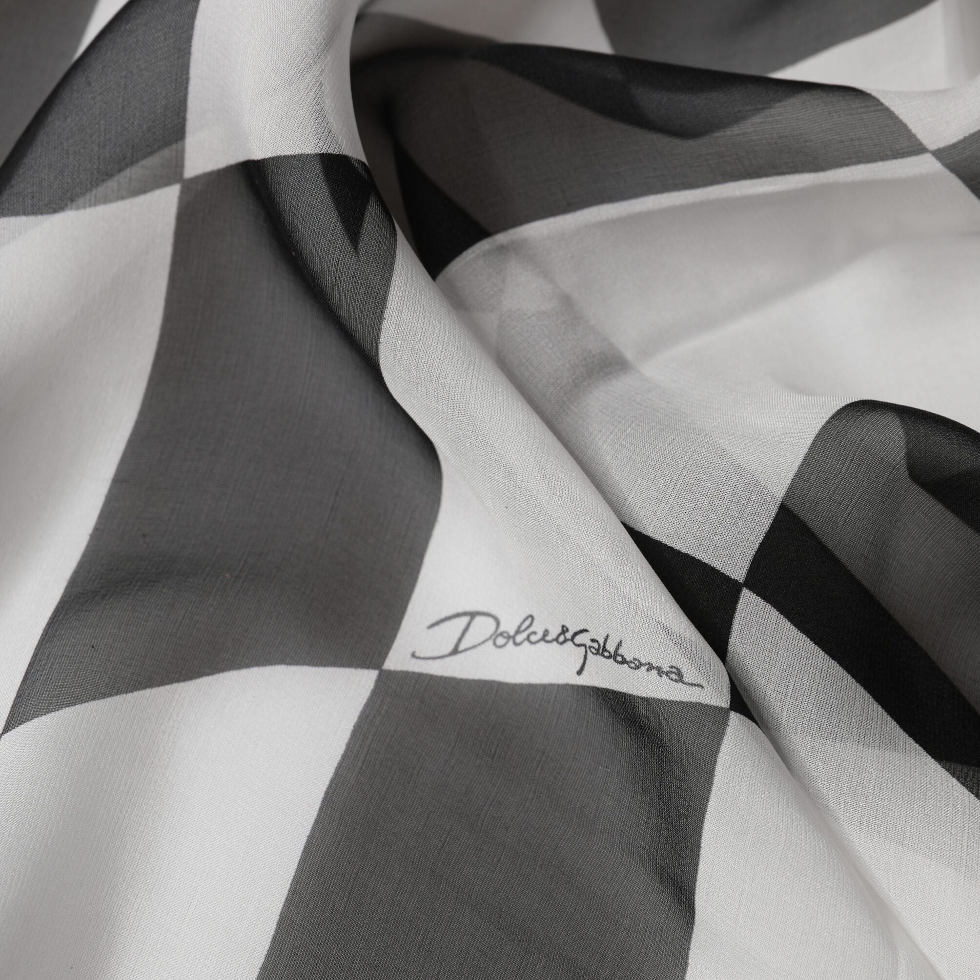 Dolce & Gabbana Black White Check Silk Wrap Foulard 133cm x 132cm Scarf